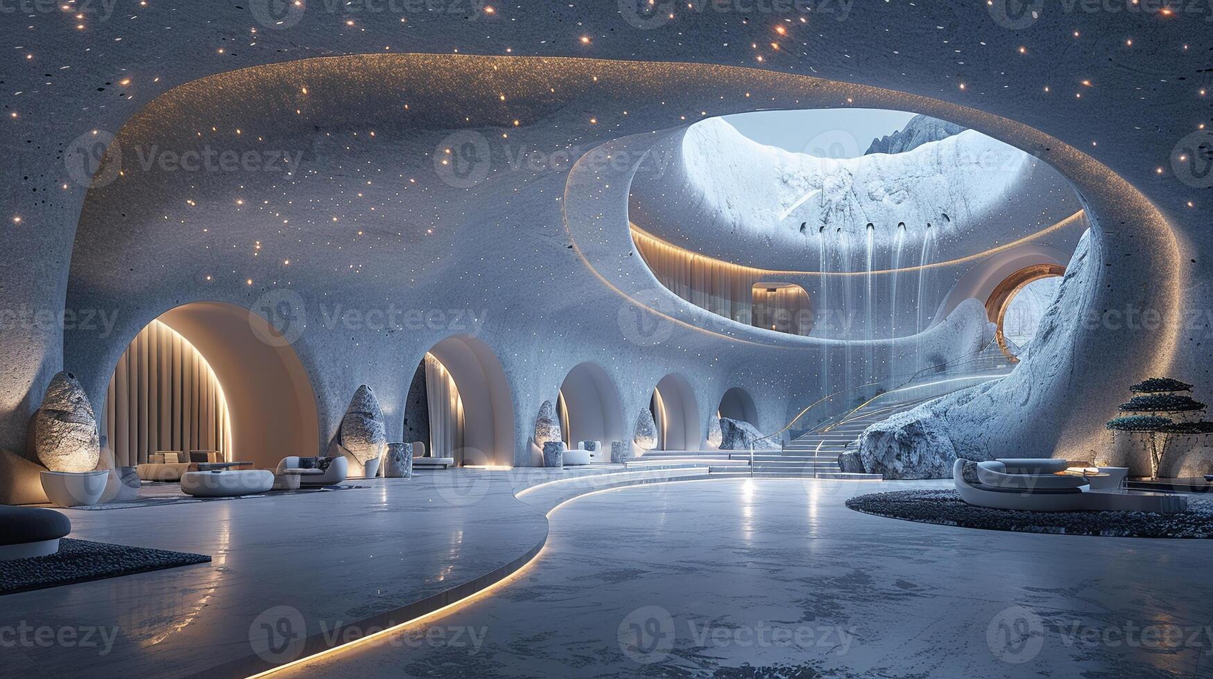 AI Generated Futuristic lobby with interactive installations and high-tech features photo