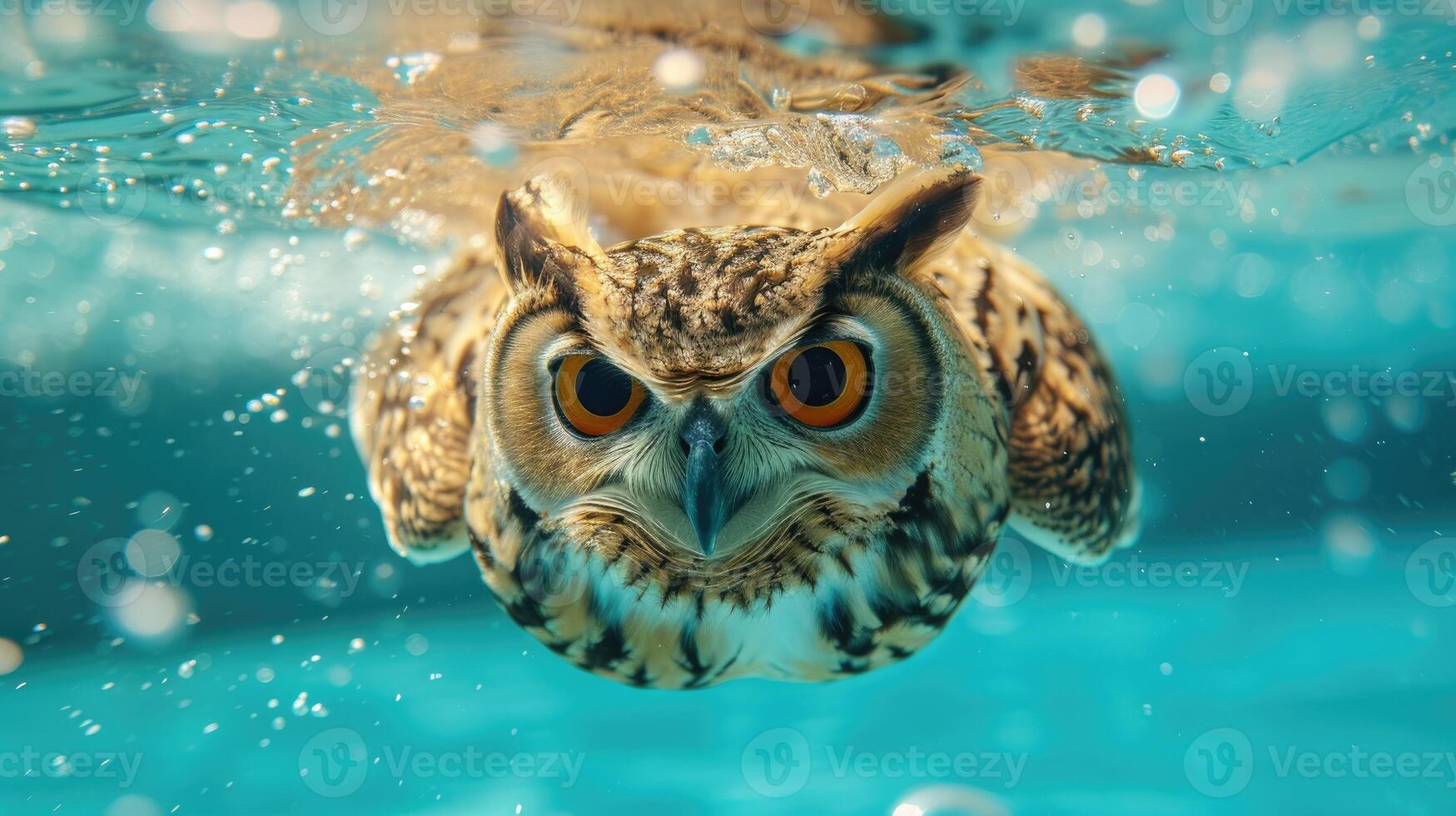 AI generated Hilarious underwater scene owl in pool plays deep dive action, Ai Generated. photo