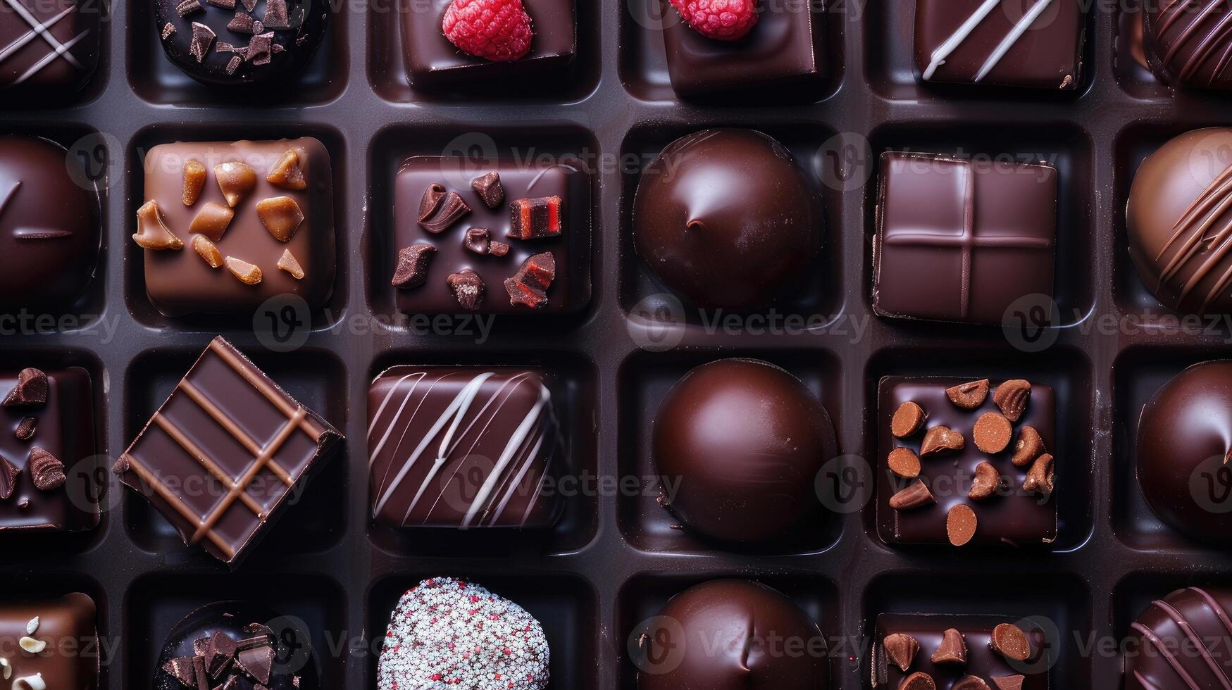 AI generated Assorted rows of different chocolate sweets neatly arranged in a box, Ai Generated photo