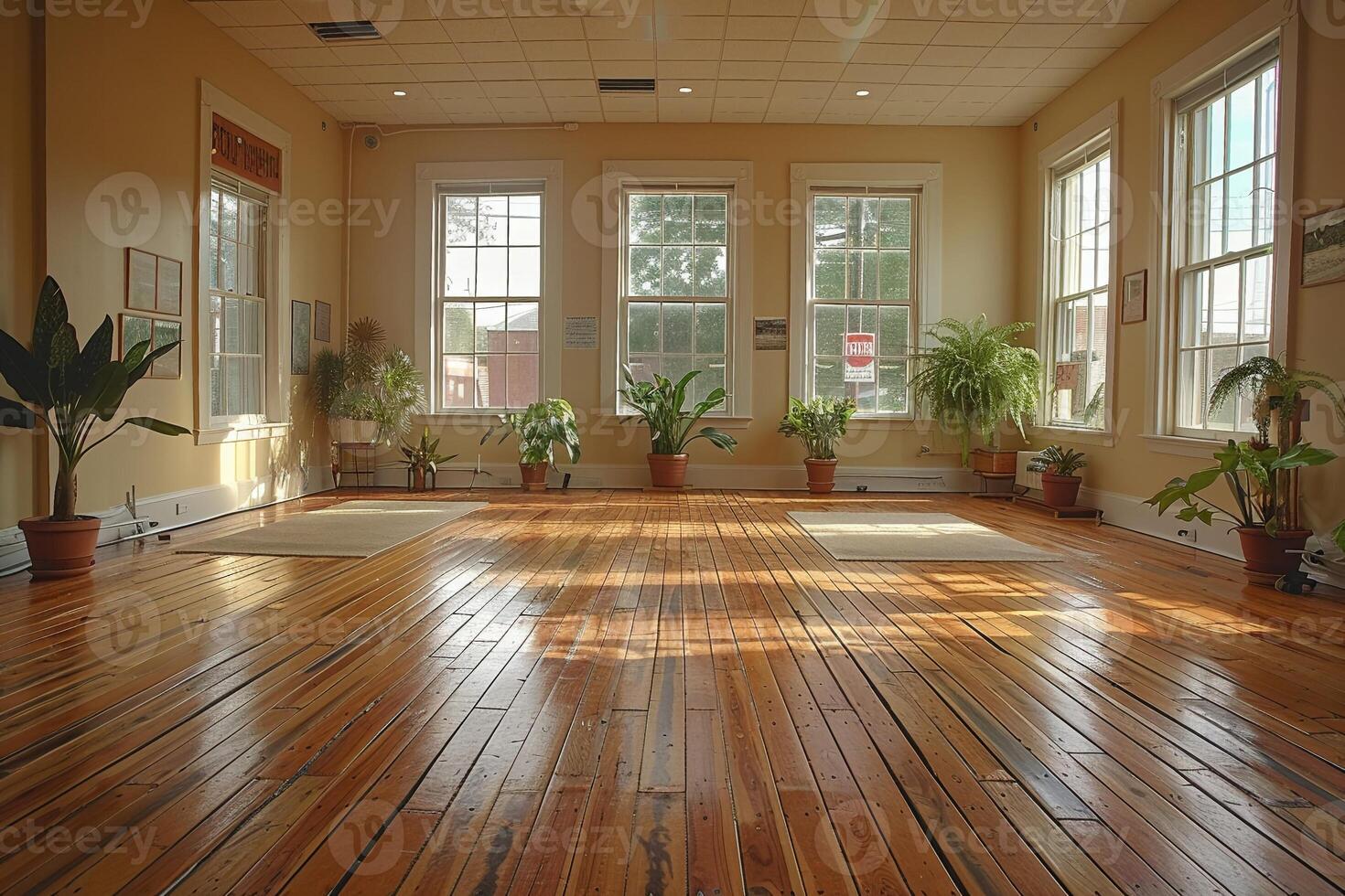 AI Generated Peaceful yoga studio with natural wood floors and calming colors photo