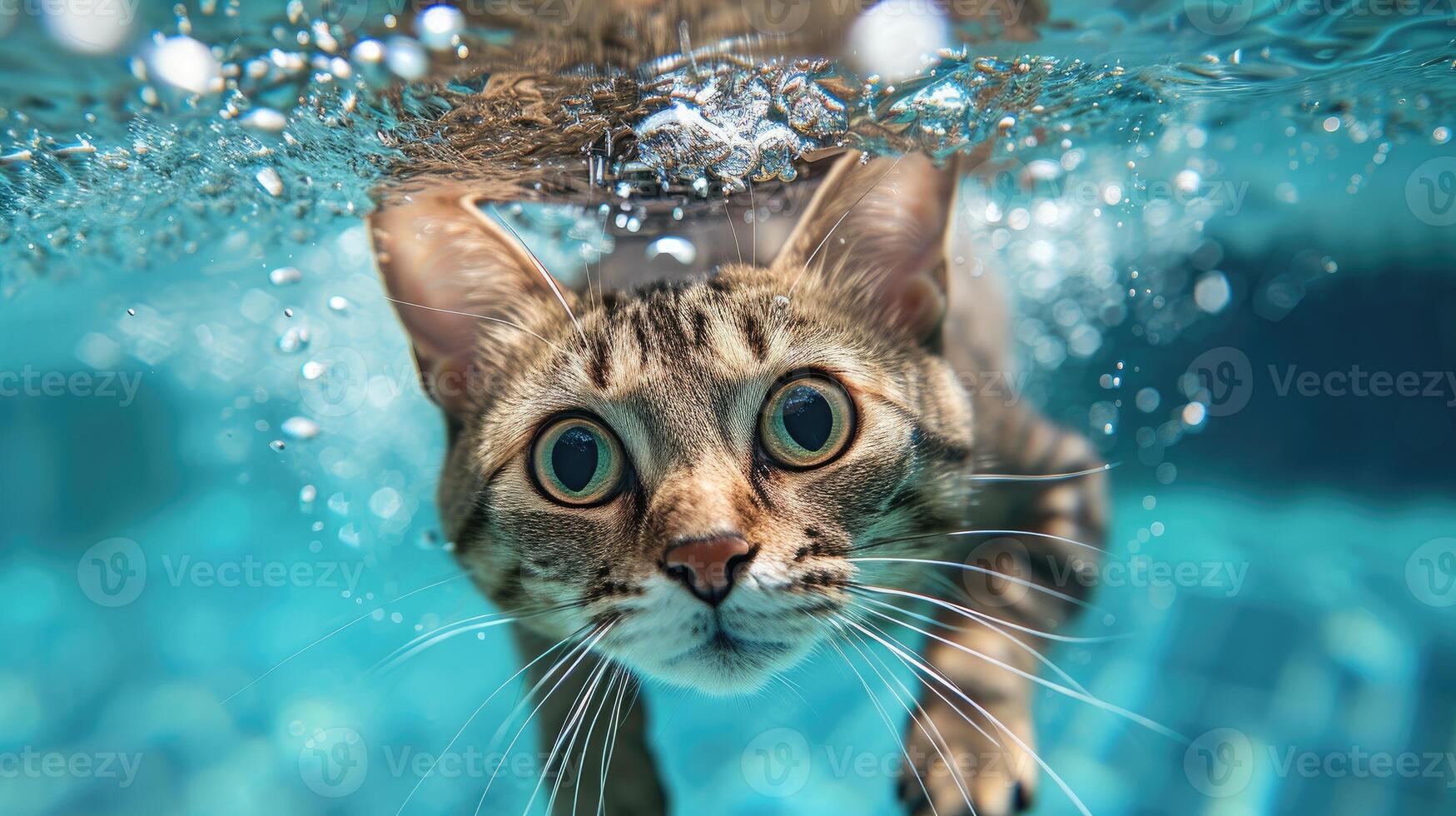 ai generado divertidísimo submarino escena gato en piscina obras de teatro profundo bucear acción, ai generado. foto