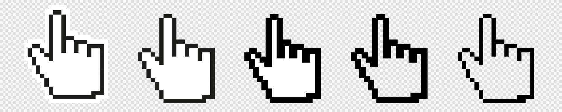 Computer mouse hand 8 bit pixel click cursor. Pointer finger pixelated cursor. vector