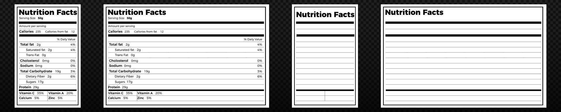 Nutrition facts template. Nutrition food blank label vector