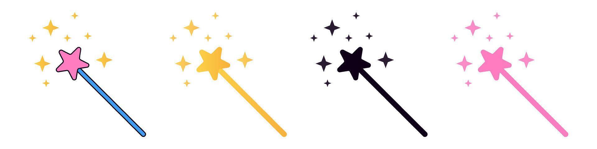 magia varita mágica icono. oro rosado negro y de colores magia palo con estrella vector