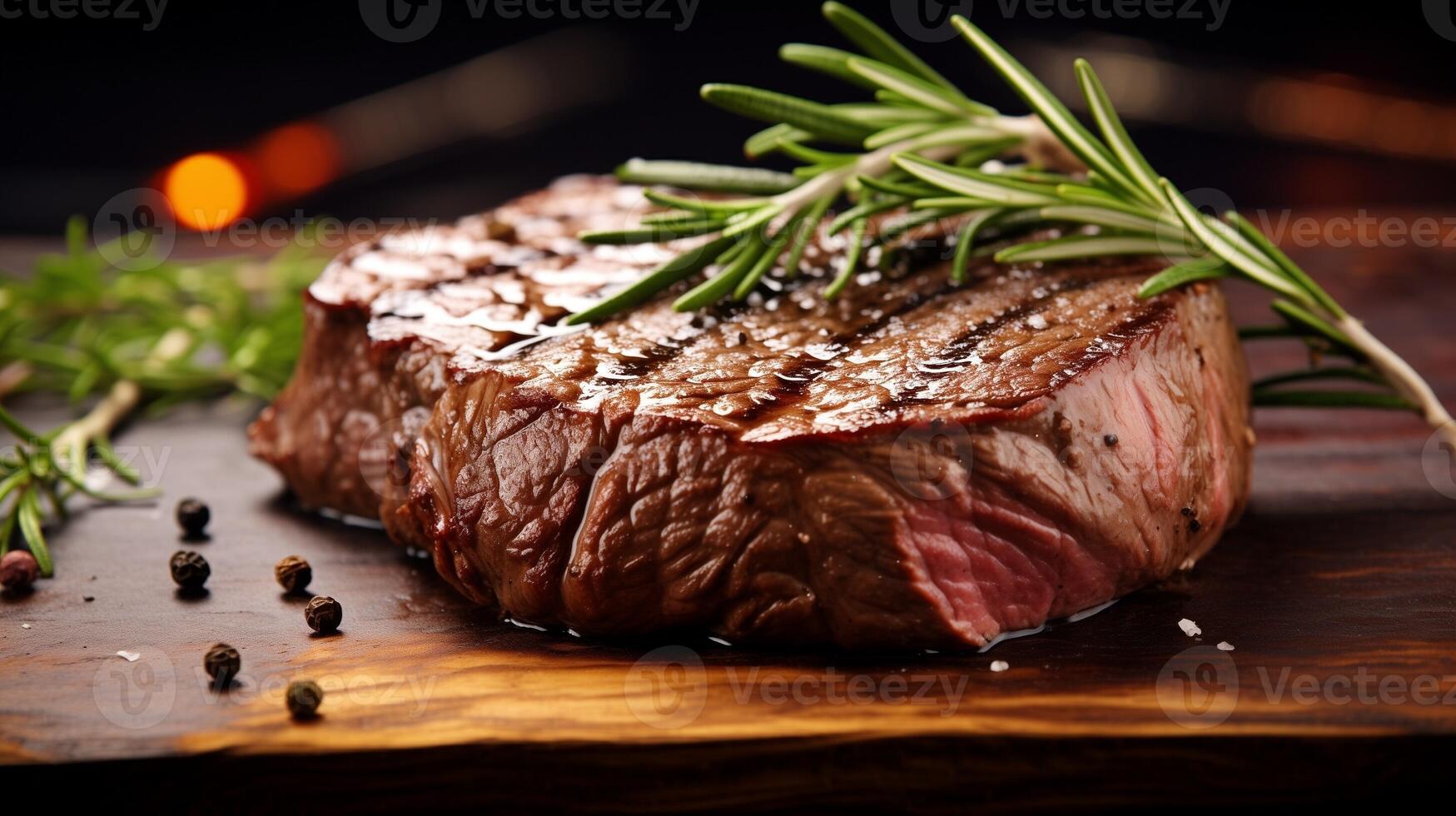 AI generated close up medium rare steak top with rosemary photo