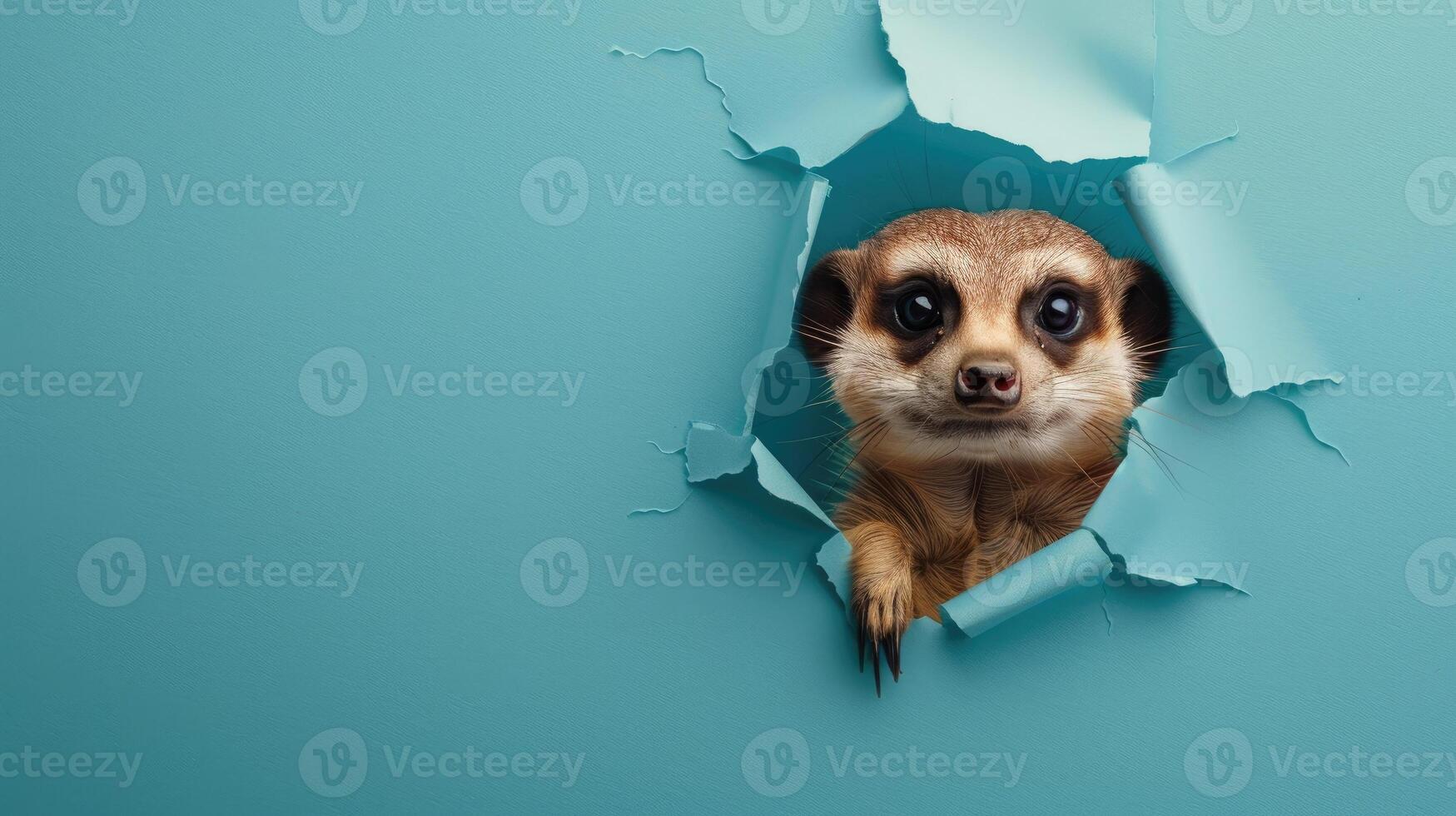 AI generated A humorous meerkat peers through a ripped hole in a contrast pastel color paper background, Ai Generated photo