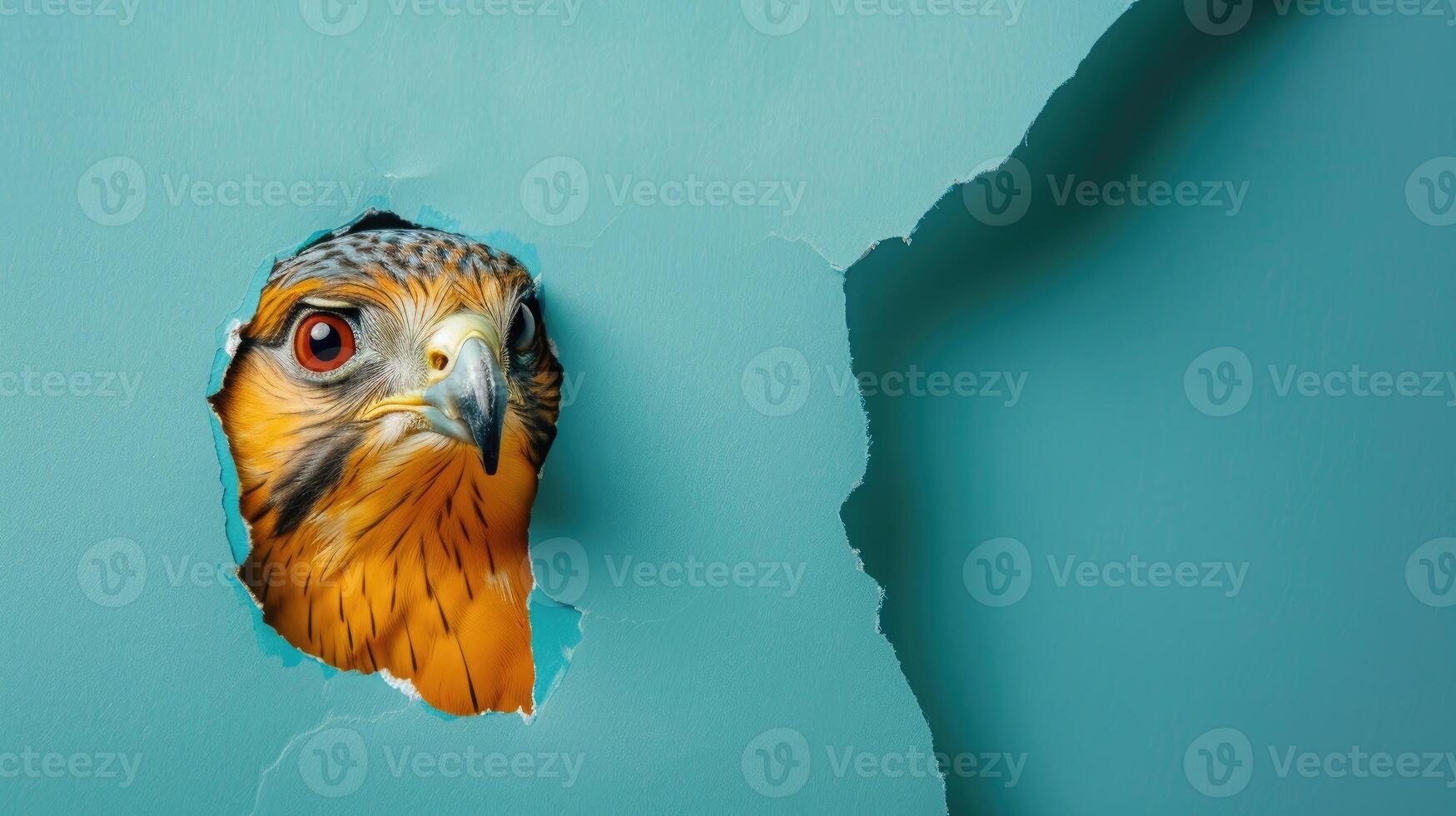 AI generated A humorous hawk peers through a ripped hole in a contrast pastel color paper background, Ai Generated photo