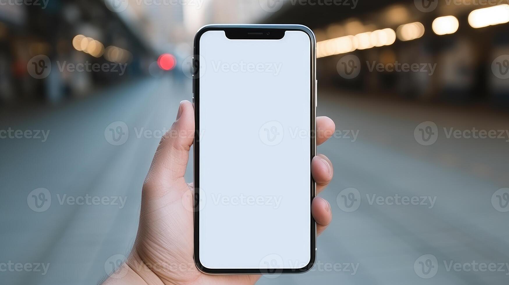 AI generated Human hand holds mobile phone mockup with blank white screen, perfect for showcasing digital designs. Ai Generated photo