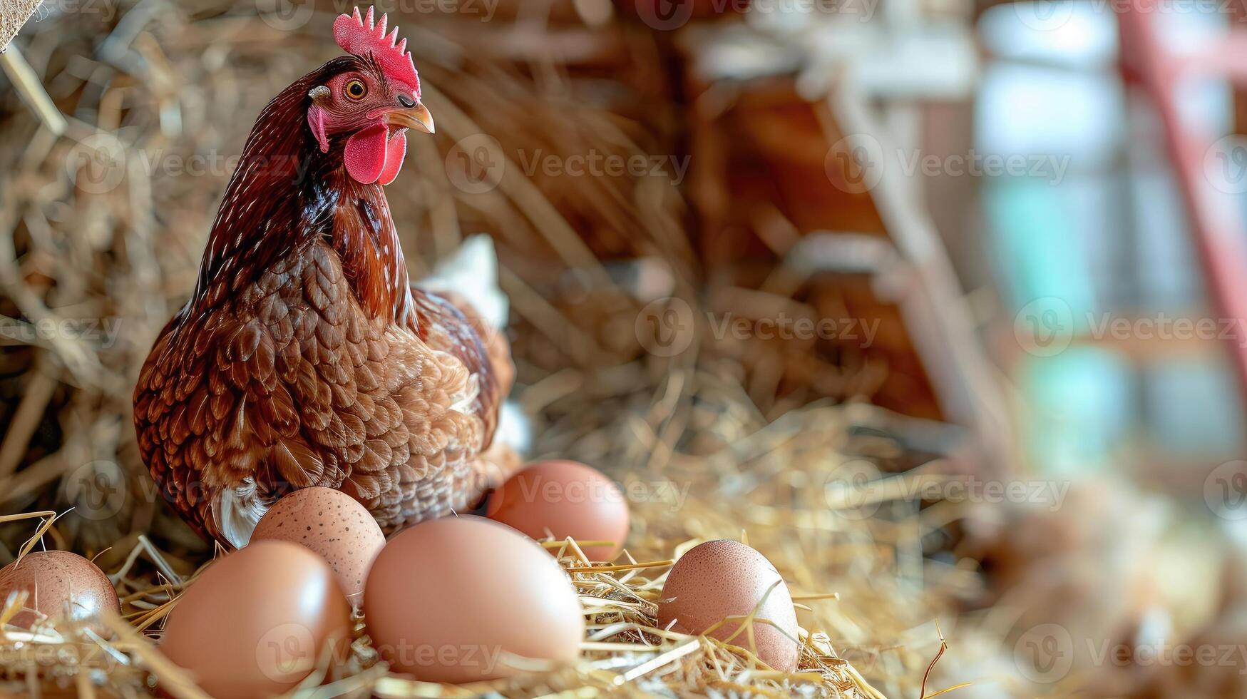 AI generated Hen lays eggs among chickens in bio farm coop. Ai Generated photo