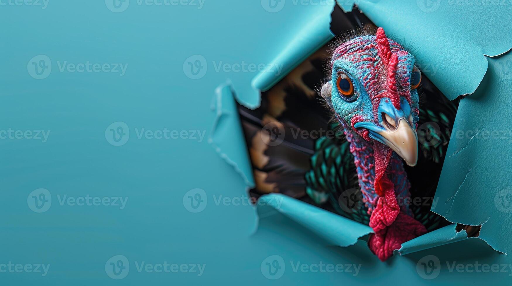 AI generated A humorous turkey peers through a ripped hole in a contrast pastel color paper background, Ai Generated photo