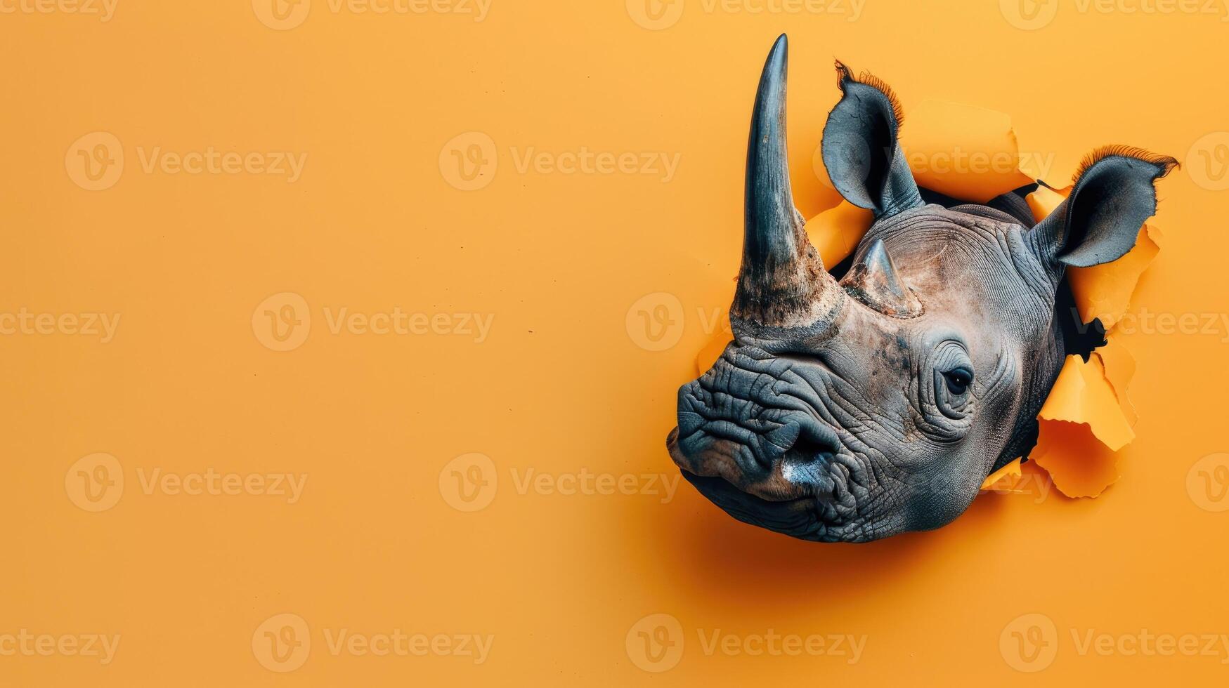 AI generated A humorous rhinoceros peers through a ripped hole in a contrast pastel color paper background, Ai Generated photo