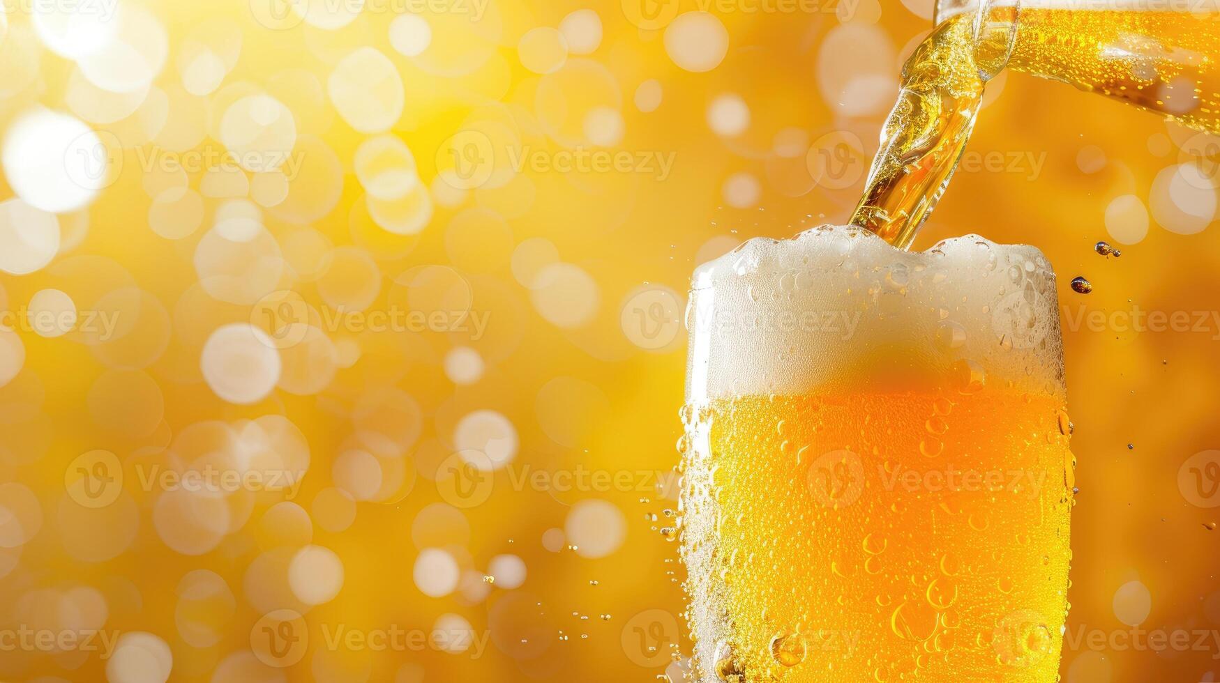 AI generated Frothy beer being poured into a glass, bubbles rising, forming a wave curve shape in the foreground, Ai Generated. photo