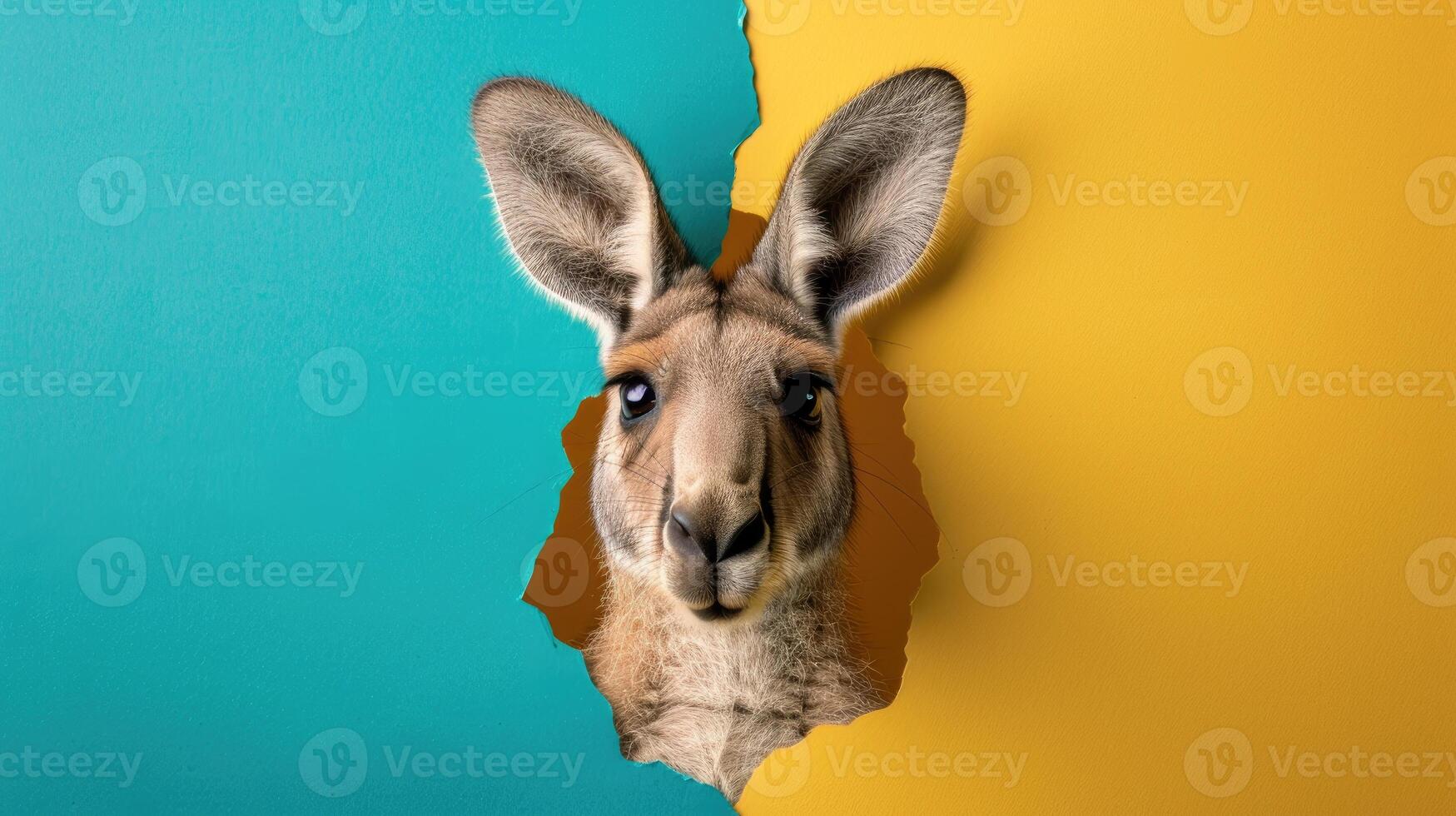 AI generated A humorous kangaroo peers through a ripped hole in a contrast pastel color paper background, Ai Generated photo