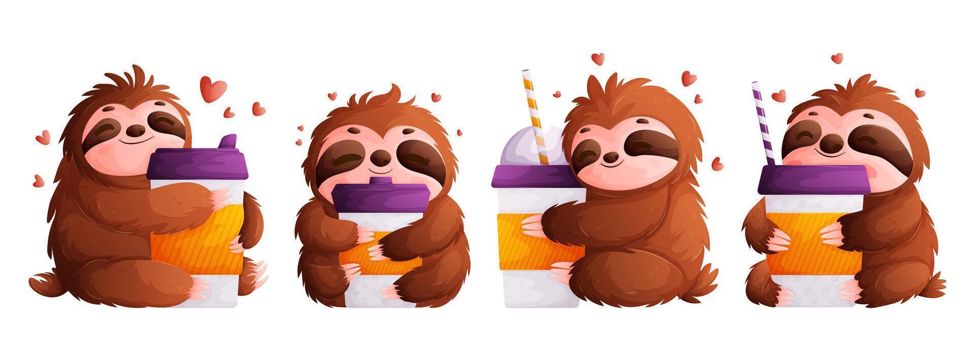 Set of sloths with coffee cups. Sloth hugs a glass of coffee drink. The idea of waking up after drinking an espresso or Americano. cartoon style. vector