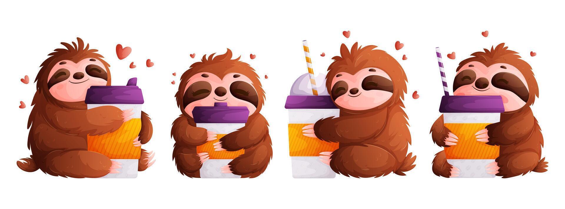 Set of sloths with coffee cups. Sloth hugs a glass of coffee drink. The idea of waking up after drinking an espresso or Americano. Vector cartoon style.