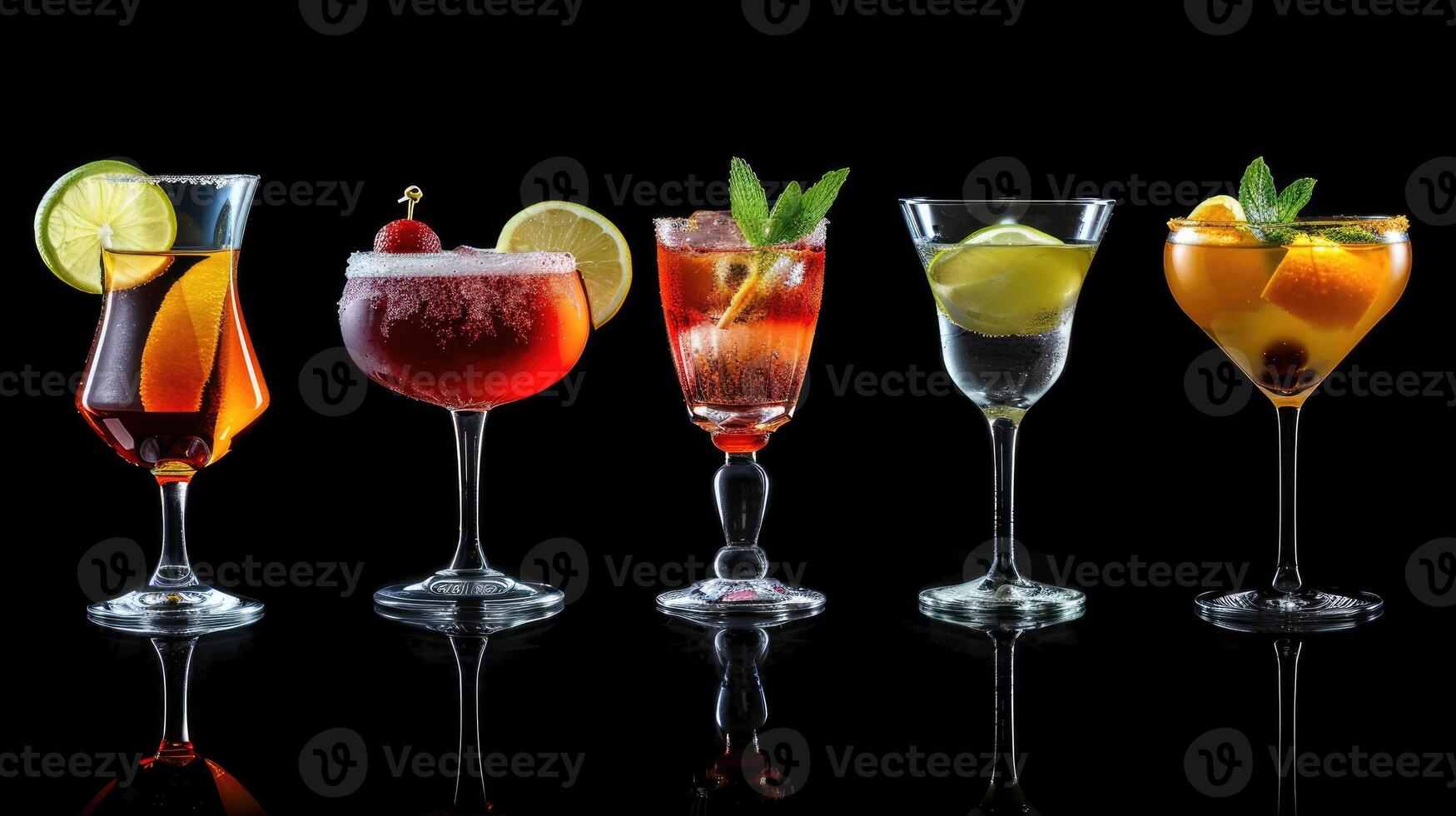 AI generated Assortment of various cocktails presented on a sleek black background, offering a sophisticated display. Ai Generated. photo