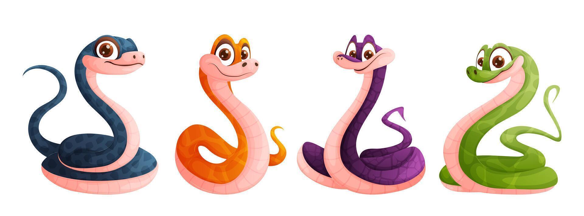 A set of four cute snakes in green, yellow, blue and purple. Funny snake posing. Symbol of the year. Vector cartoon style.
