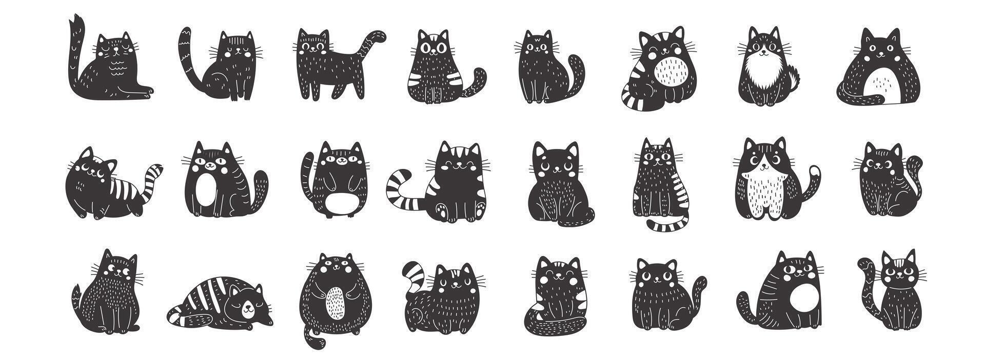 Big set of black cats in linocut style. Cute funny fluffy cats. Perfect for those who appreciate the sweet and whimsical side of feline charm. illustration on a white background. vector