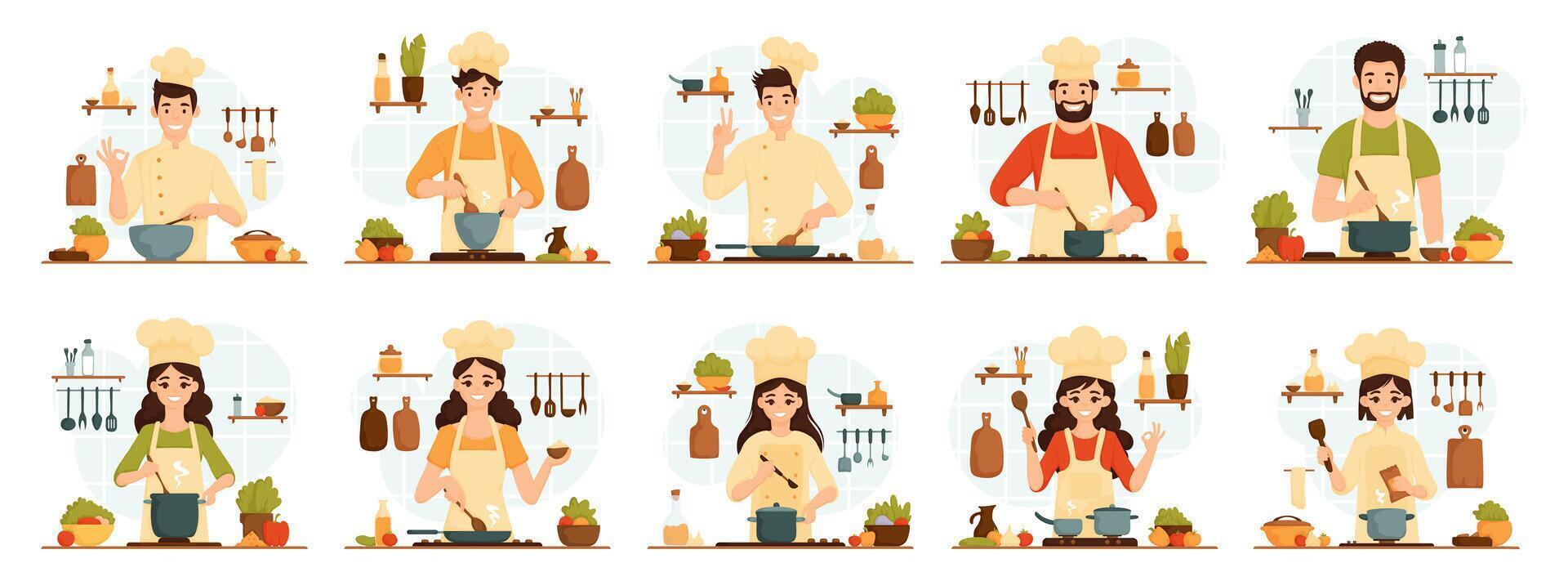 Collection of various male and female chefs who prepare food. Smiling people cooking in the kitchen at the stove. A guy and a girl are in the process of preparing hot dishes. Vector flat illustration