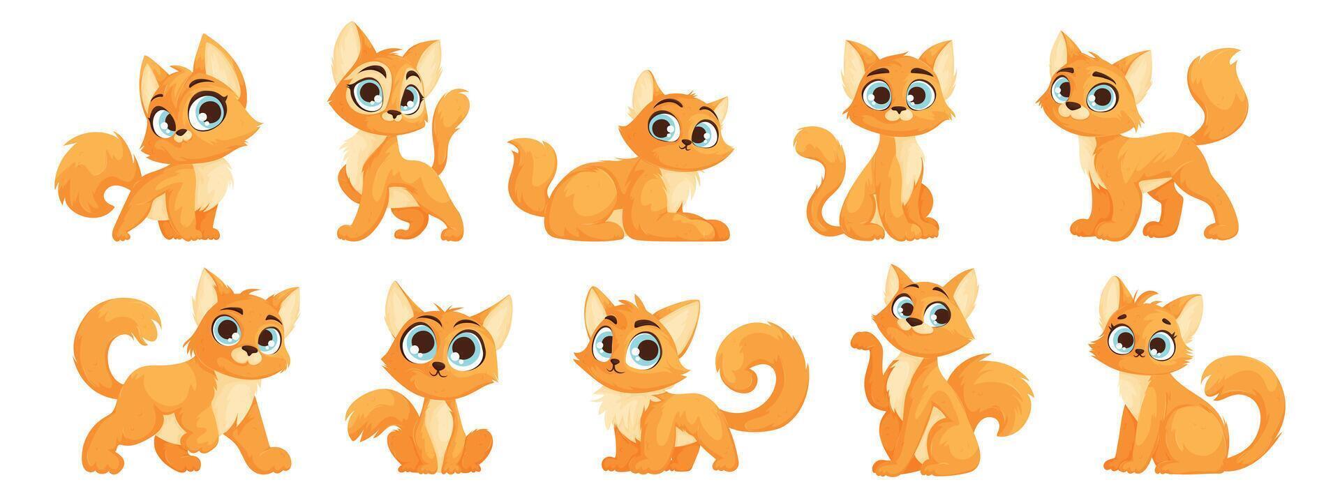 A set of ten cute orange kittens with blue eyes in different poses. A small cute cat with a charming look poses. Vector cartoon