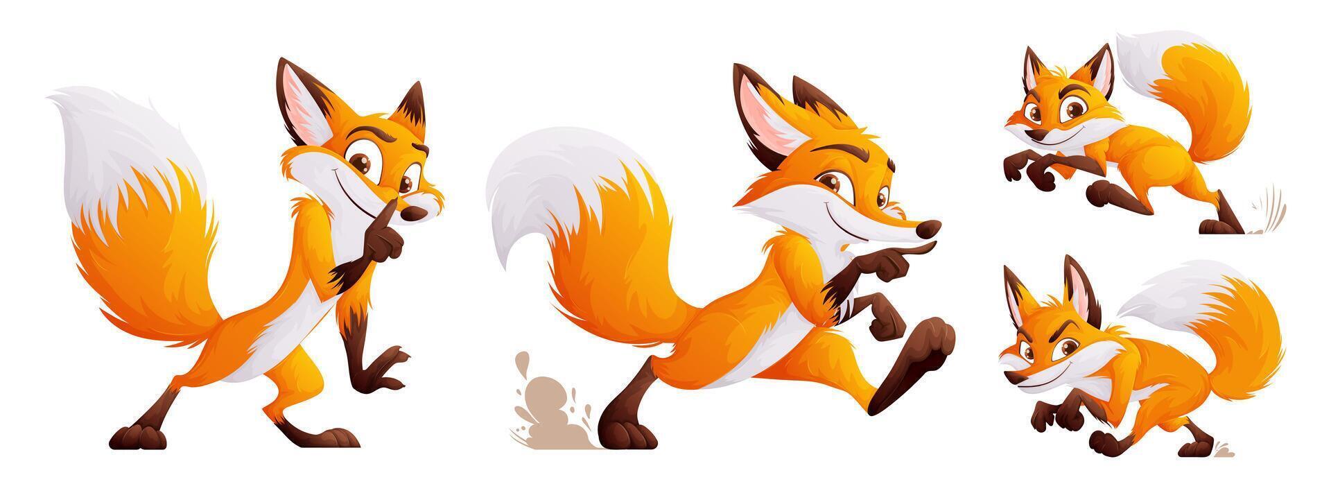 A set of four cunning but cute foxes. Adult foxes in dynamic poses. Wild animals of the forest. cartoon style. vector
