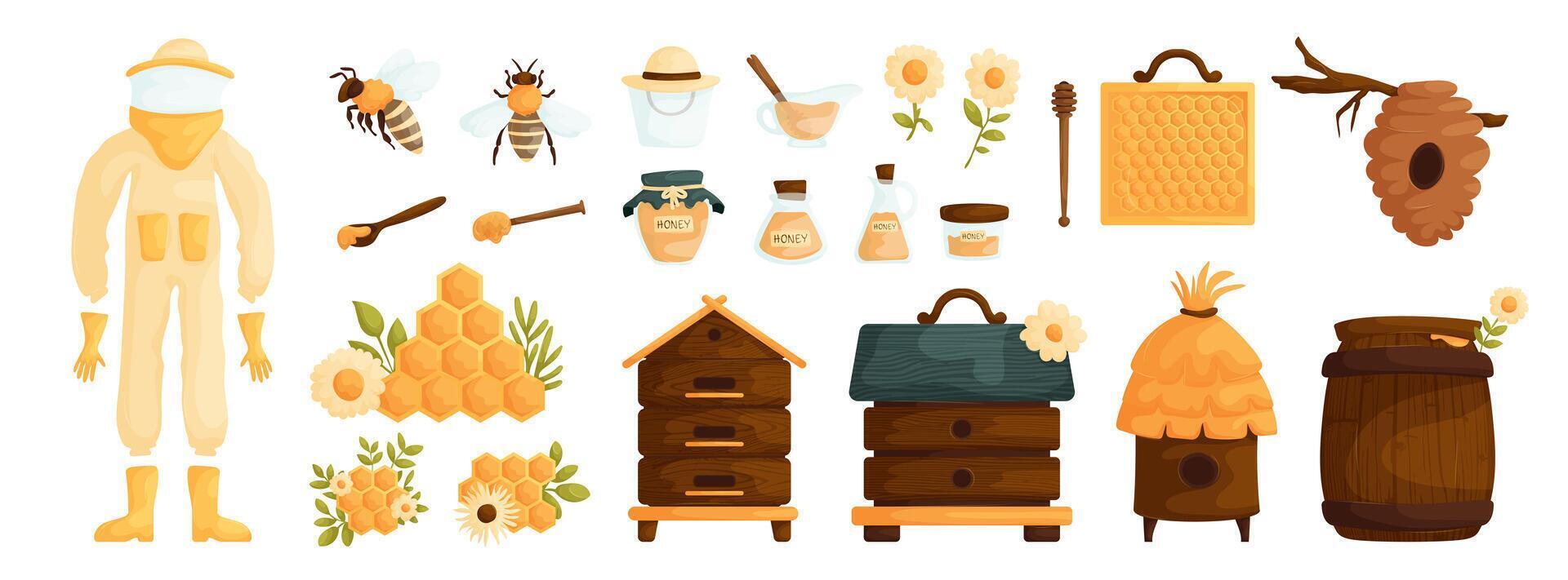 Set of honey products. Jar, bee insect, ladle, honeycomb, flowers, beehive and barrel. Honey and apiary production or equipment. Natural organic product, healthy sweet food, sugar dessert. Vector