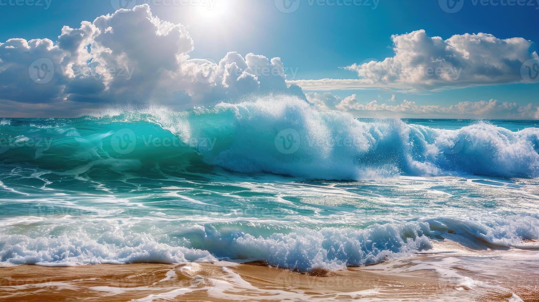 ai generado turquesa olas suavemente lapeado a arenoso playa, vista al océano marina paisaje. ai generado foto