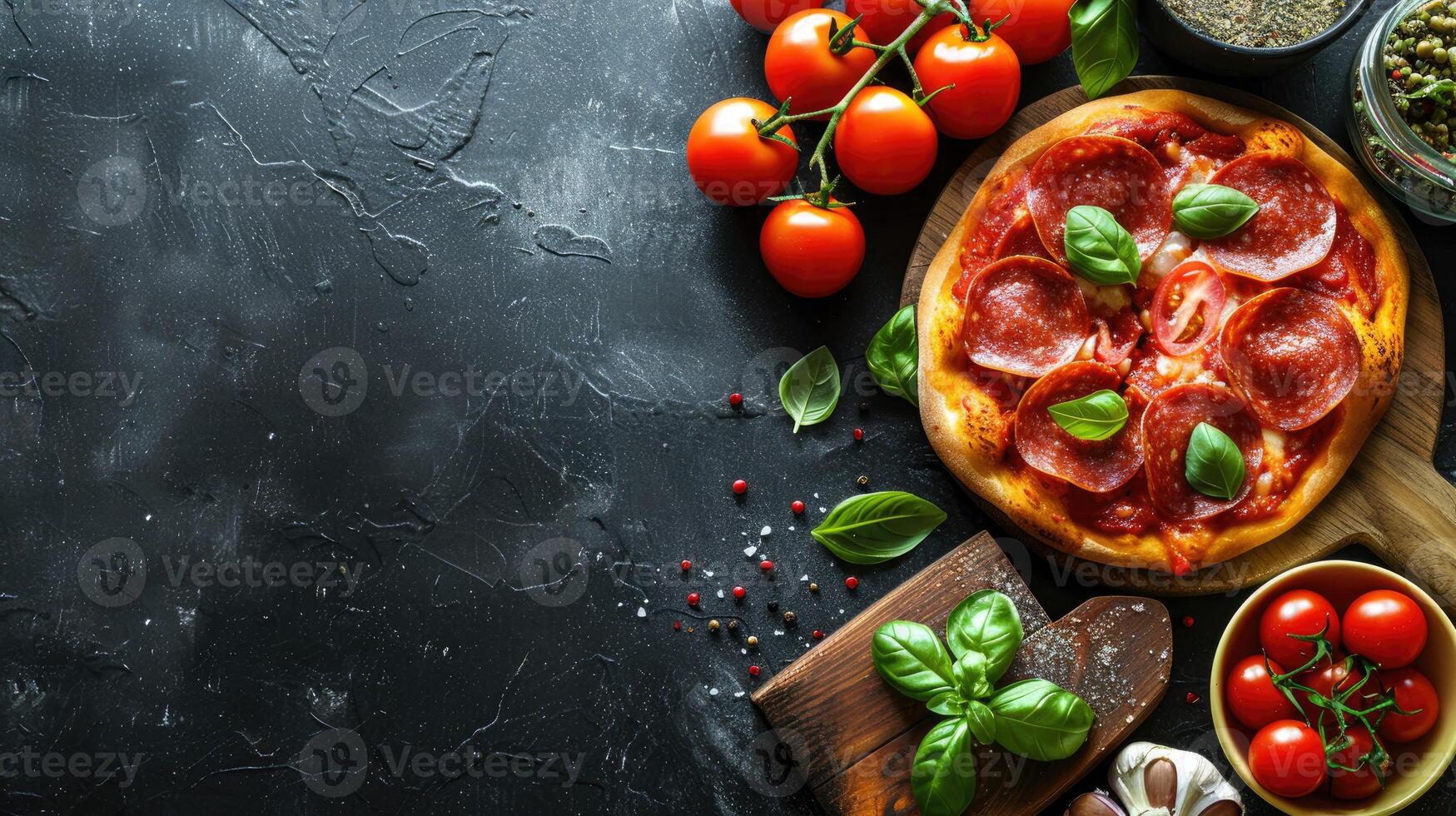 ai generado sabroso pepperoni Pizza con Cocinando ingredientes me gusta Tomates y albahaca en negro hormigón fondo, ai generado foto