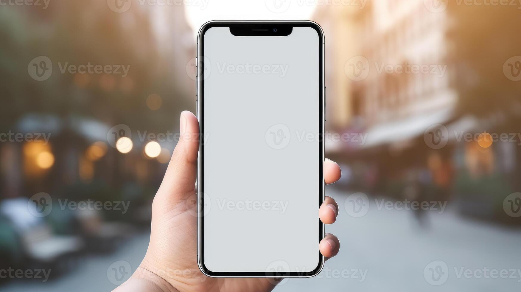 AI generated Human hand holds mobile phone mockup with blank white screen, perfect for showcasing digital designs. Ai Generated photo