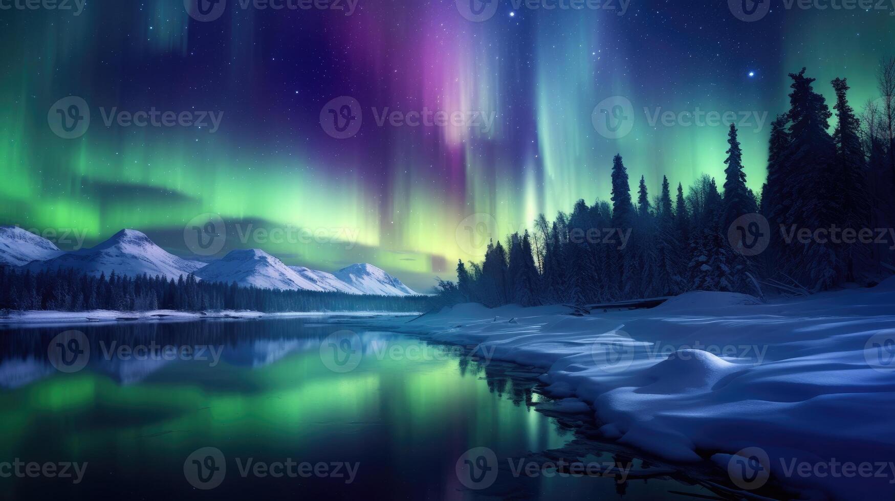 AI generated Winter aurora paints a mesmerizing spectrum of colors across the night sky, Ai Generated. photo