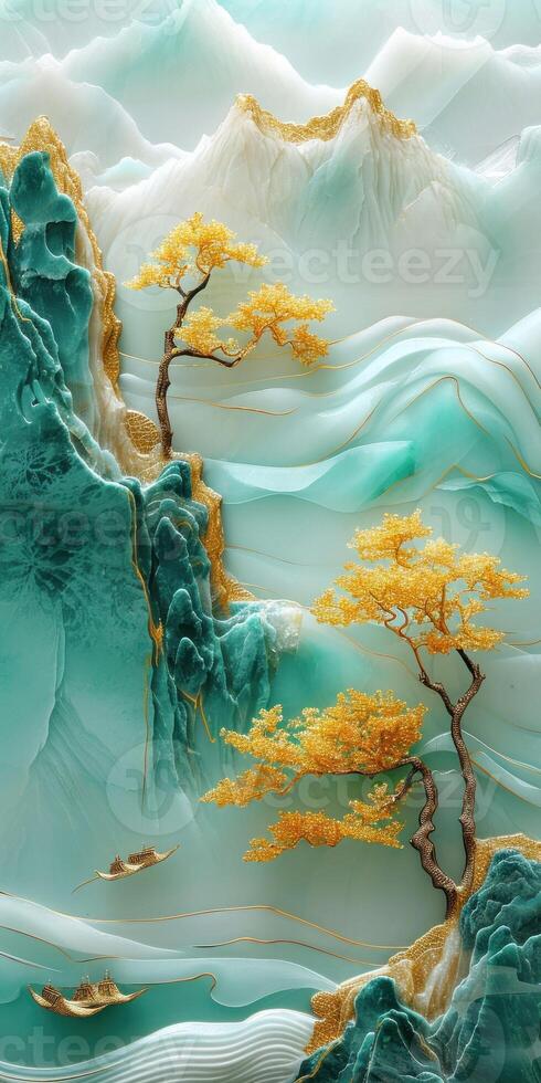AI generated Landscape forest range with white mineral marble textures. Gold and jade tones photo