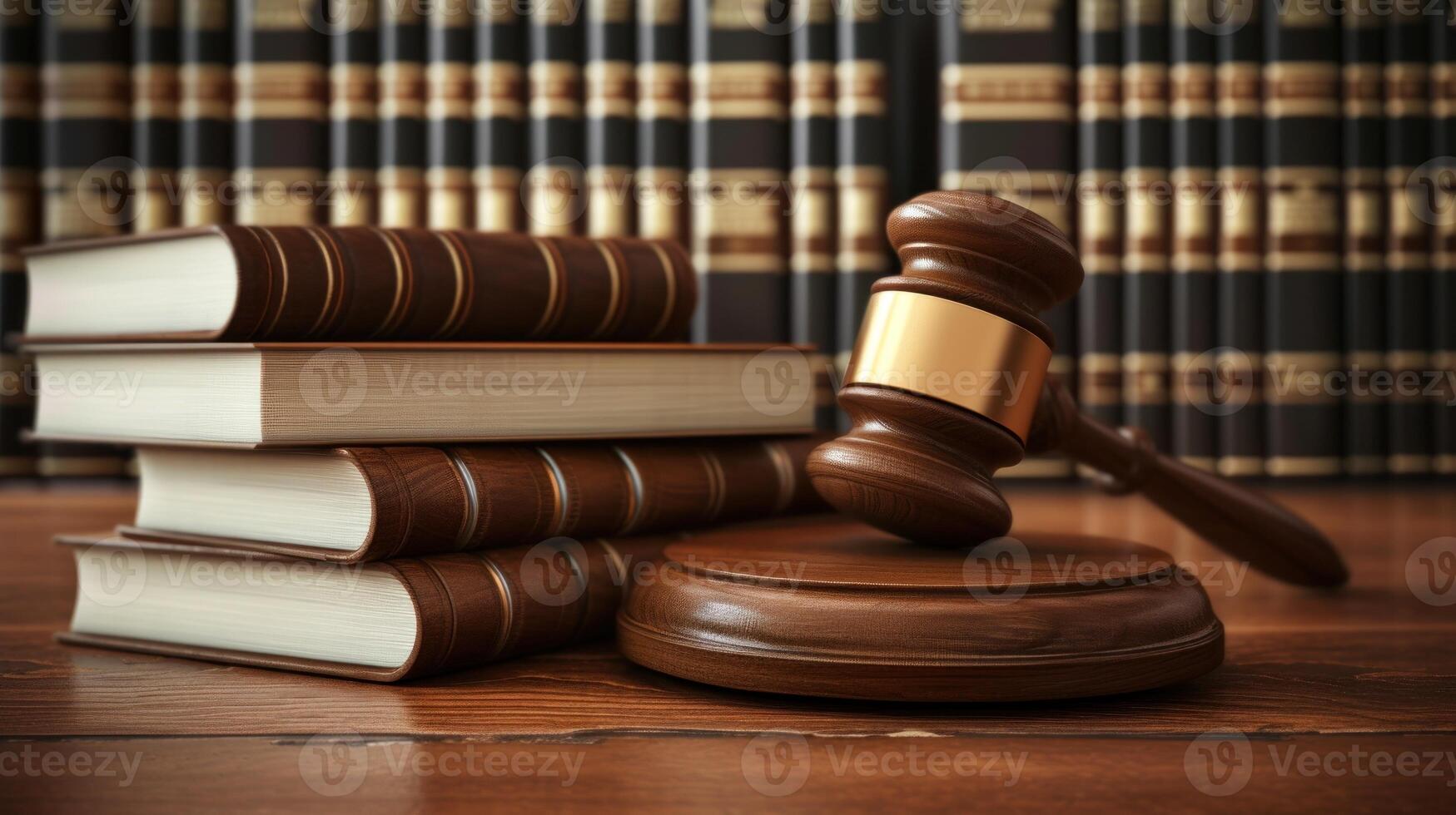 AI generated Wooden judge gavel and law books photo