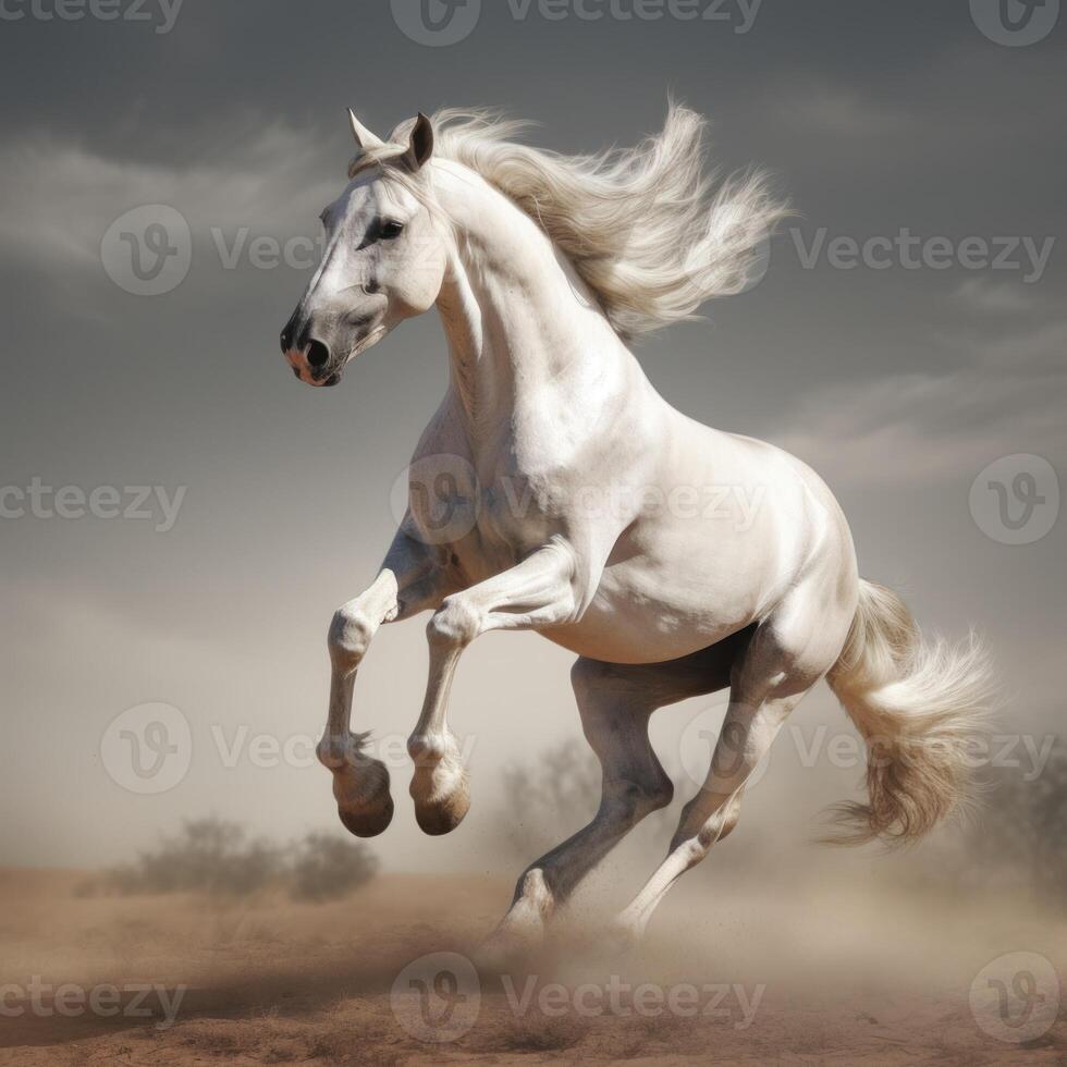 AI generated white horse stallion runs gallop photo