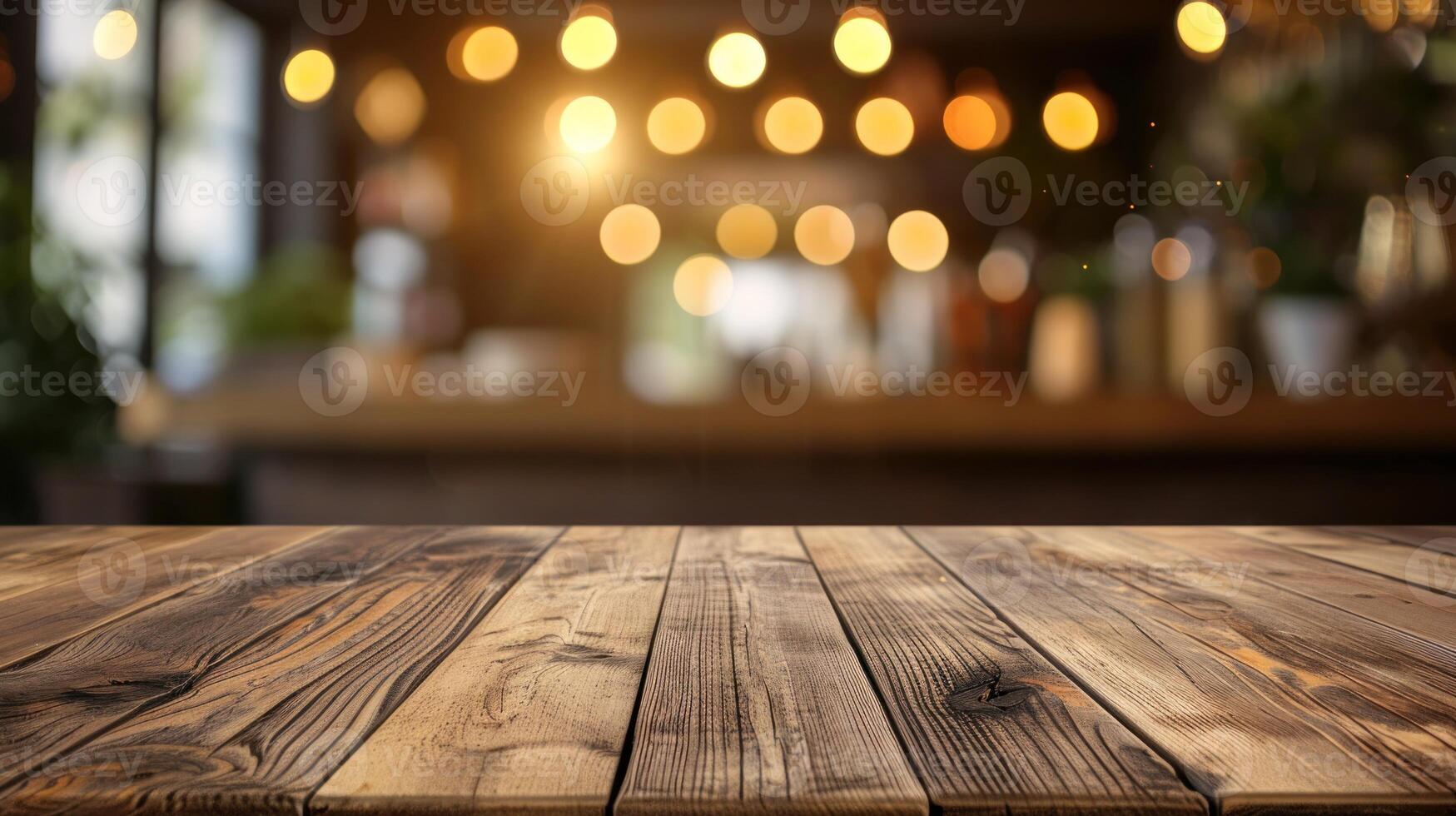 AI generated Wooden table blurred background of restaurant of cafe with bokeh photo
