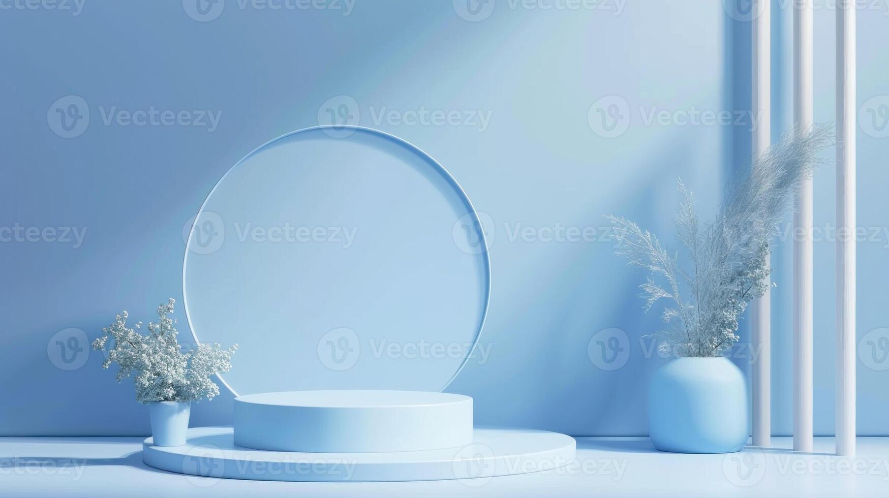 AI generated Display podium design for mock up and product presentation blue color scene photo