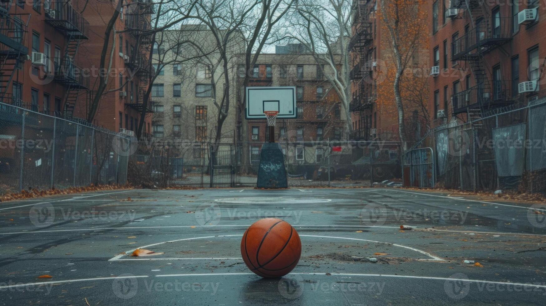 AI generated basketball still in the middle of an empty city basketball court photo