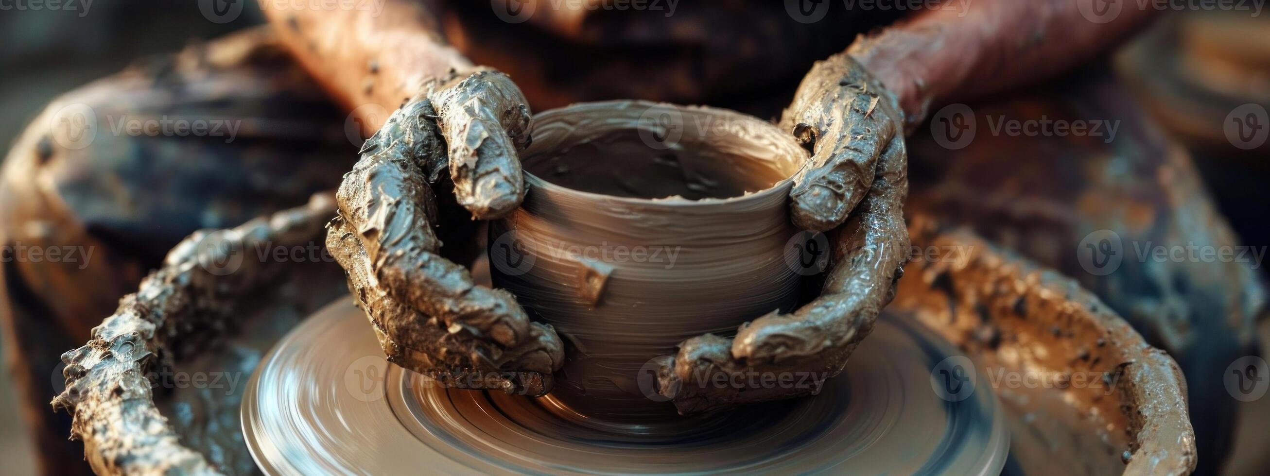 AI generated Dirty male hands sculpt mug with ceramic clay on potter's wheel photo