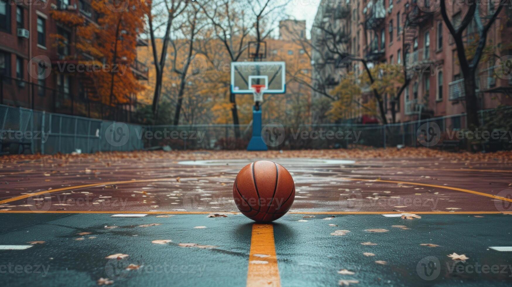 AI generated basketball still in the middle of an empty city basketball court photo