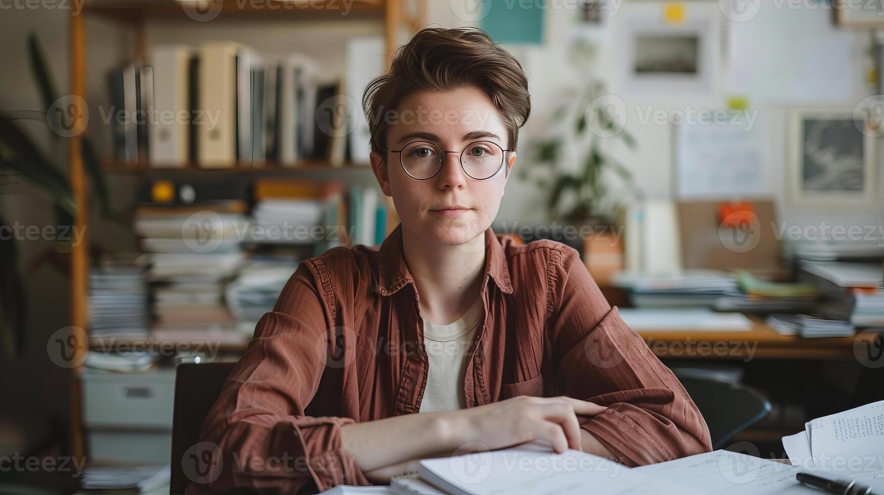 AI generated Serious young woman in eyeglasses sitting at desk in office photo