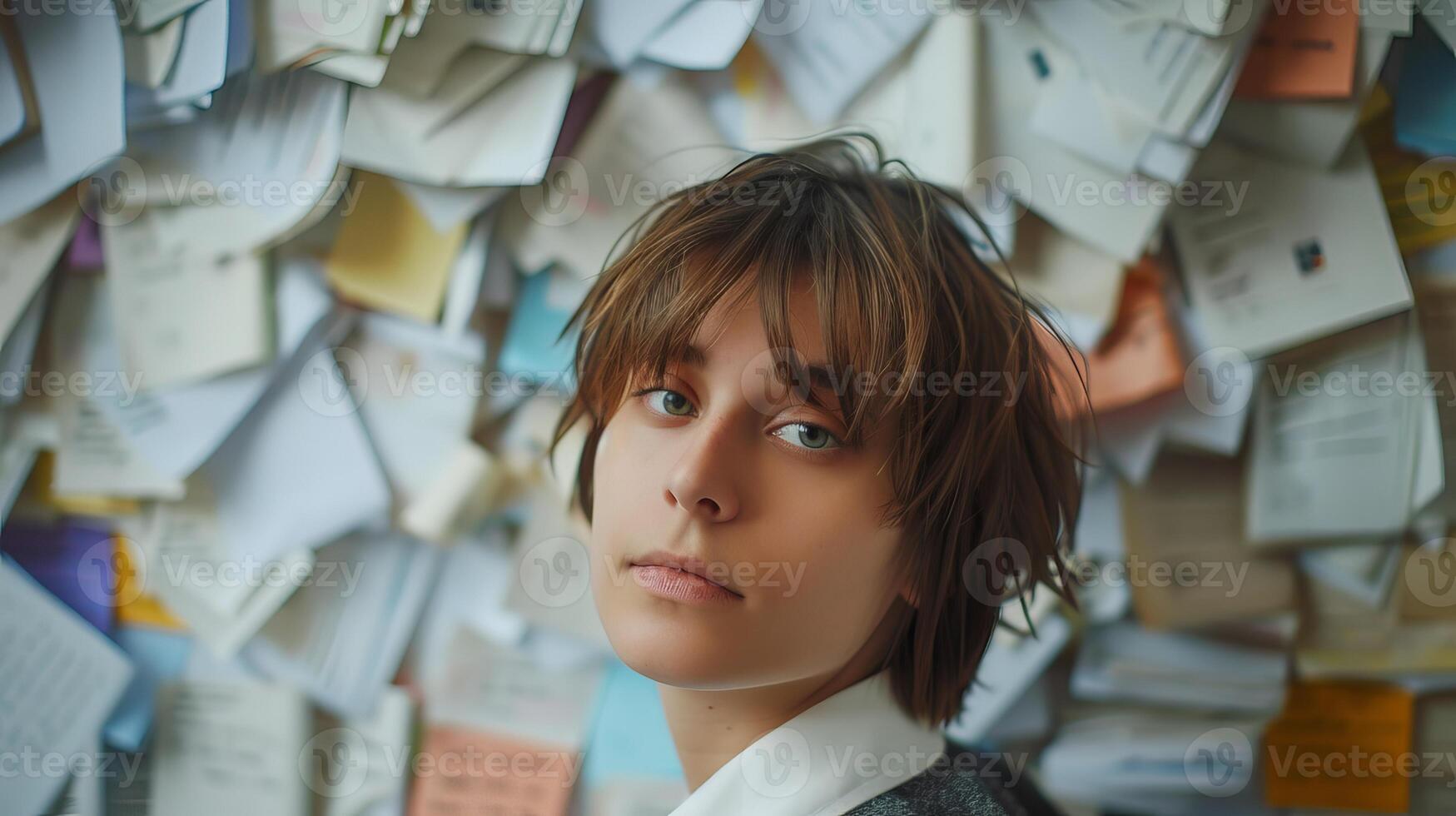 AI generated Office worker against background of pile of paper photo