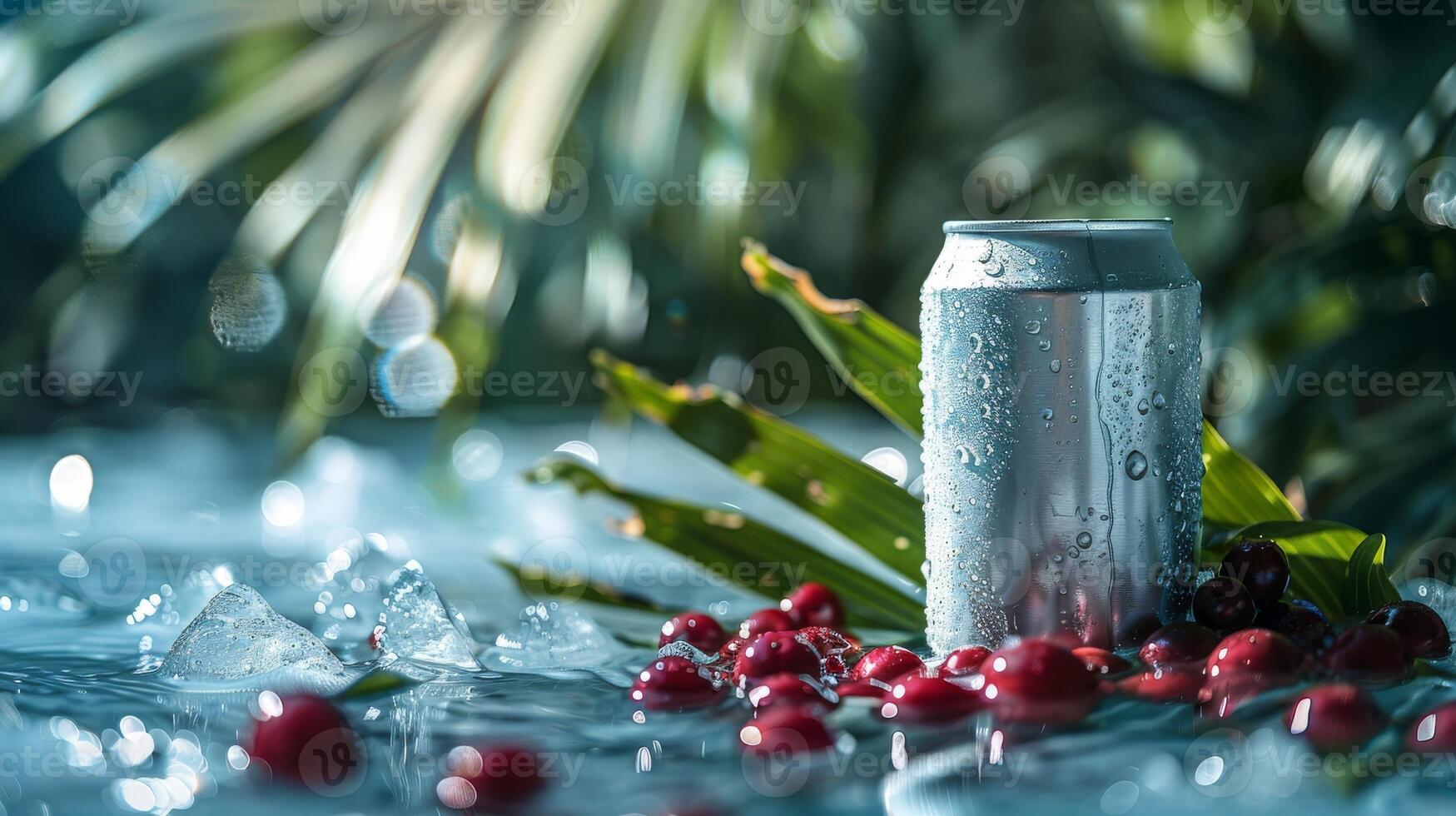 AI generated Aluminum can with fresh cranberries and ice on green background. photo