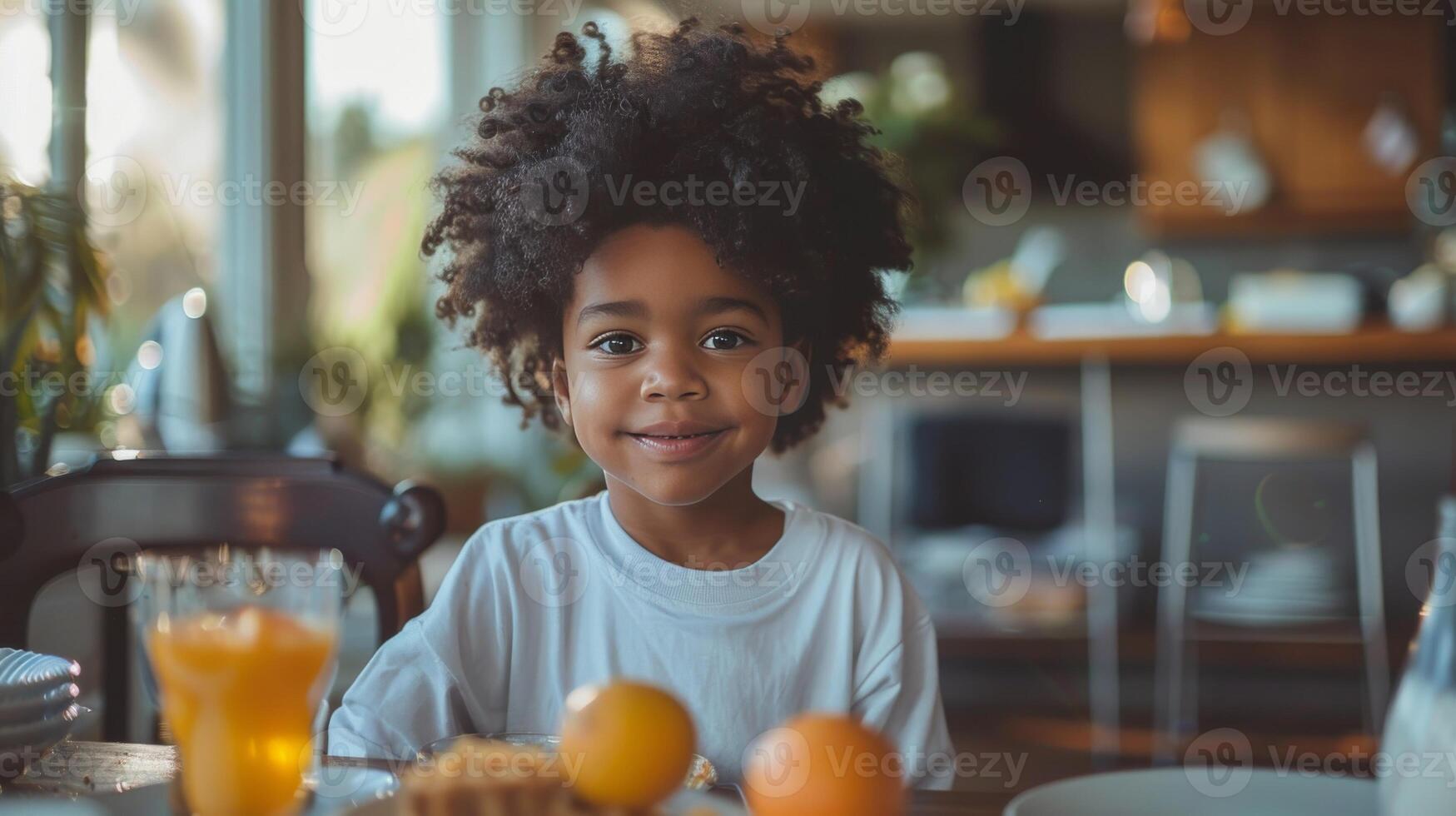 AI generated Portrait of smiling little girl sitting at table in kitchen at home photo