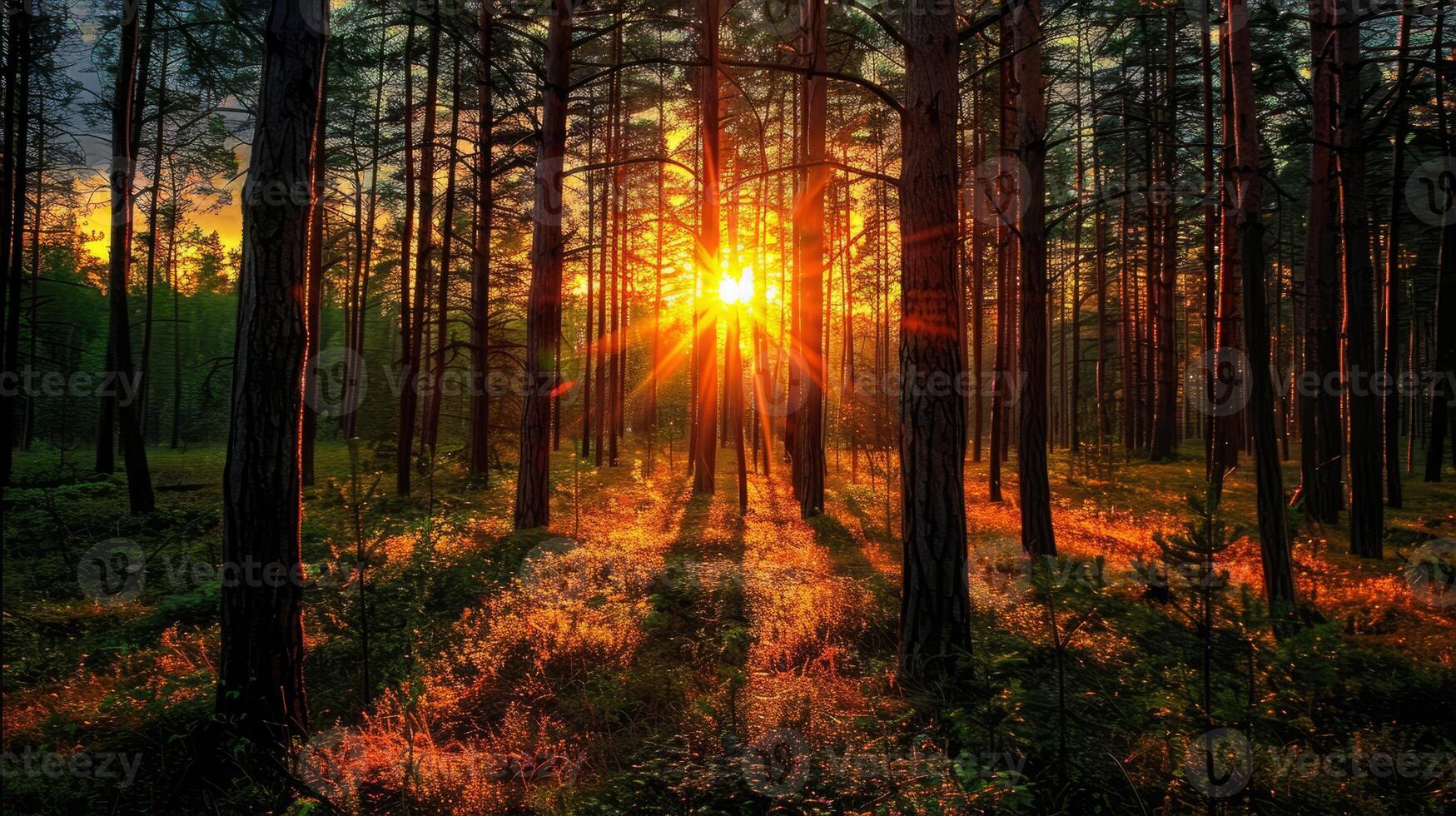 AI generated Sunset or sunrise in the forest with rays of light photo
