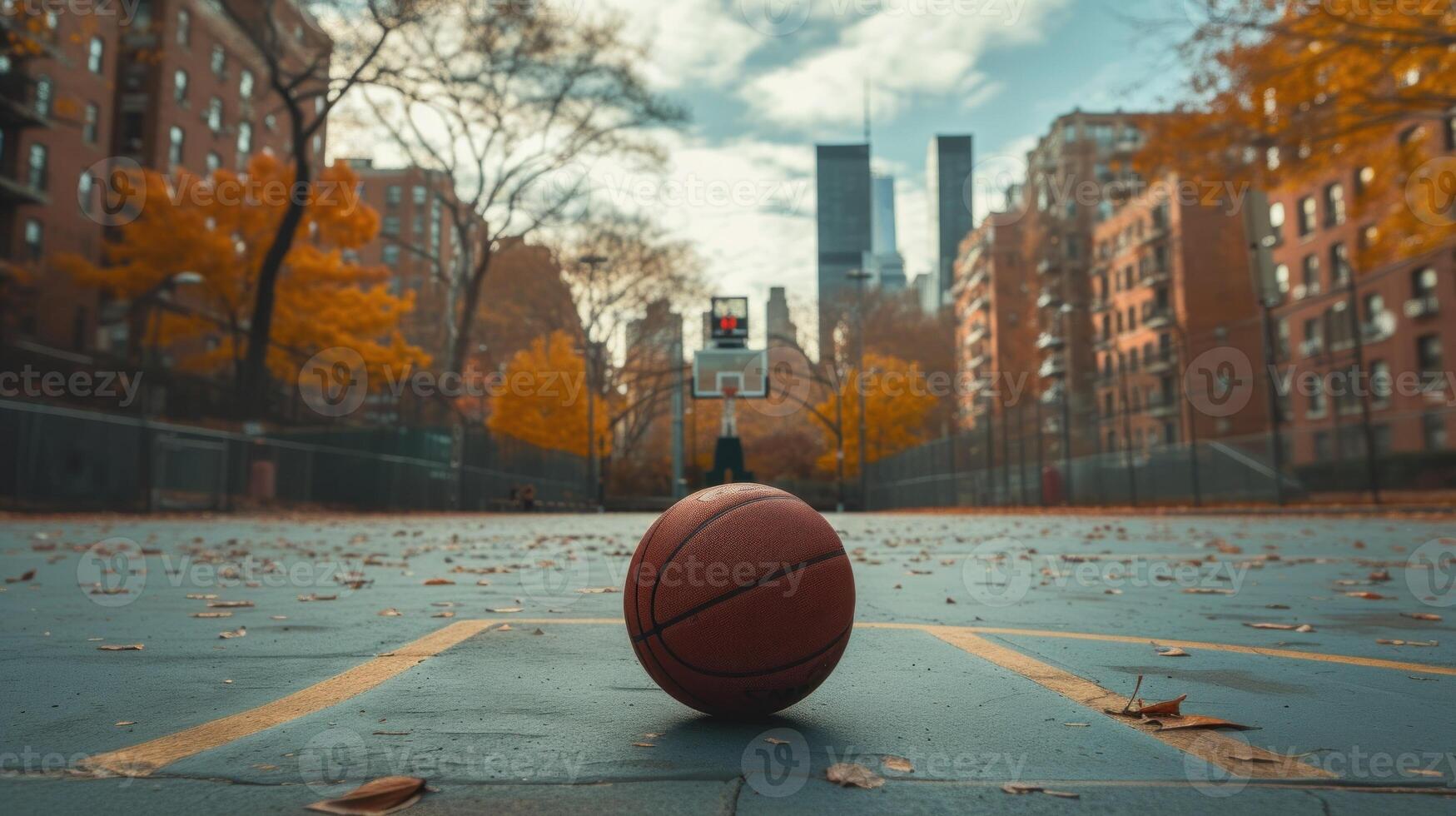 ai generado baloncesto todavía en el medio de un vacío ciudad baloncesto Corte foto