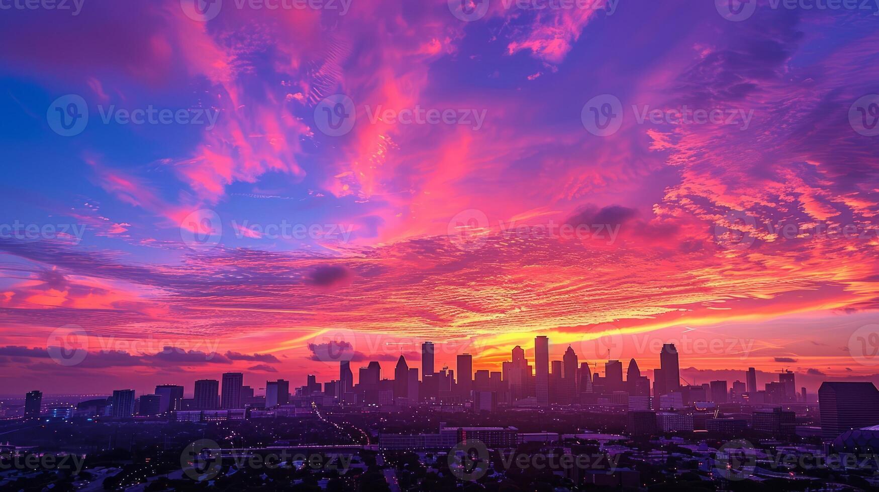 ai generado dramático puesta de sol terminado el ciudad con rascacielos foto