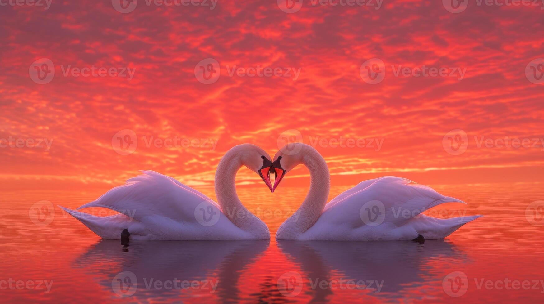 AI generated Two swans making a heart shape at sunset forming a pattern of love photo
