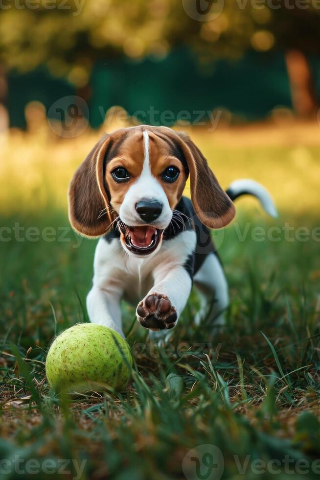 AI generated joyful beagle puppy is having fun playing with a ball in the meadow photo
