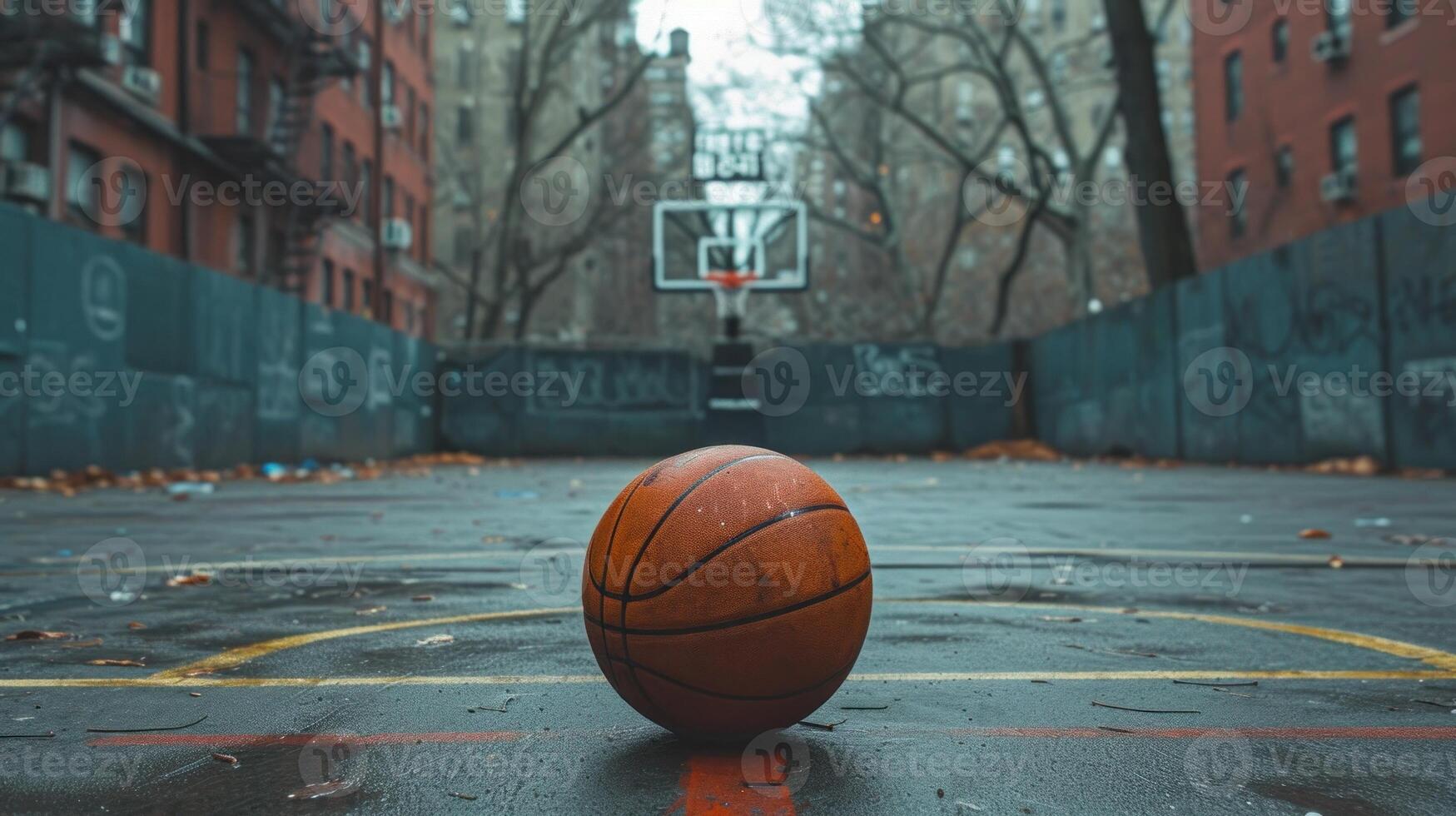 AI generated basketball still in the middle of an empty city basketball court photo