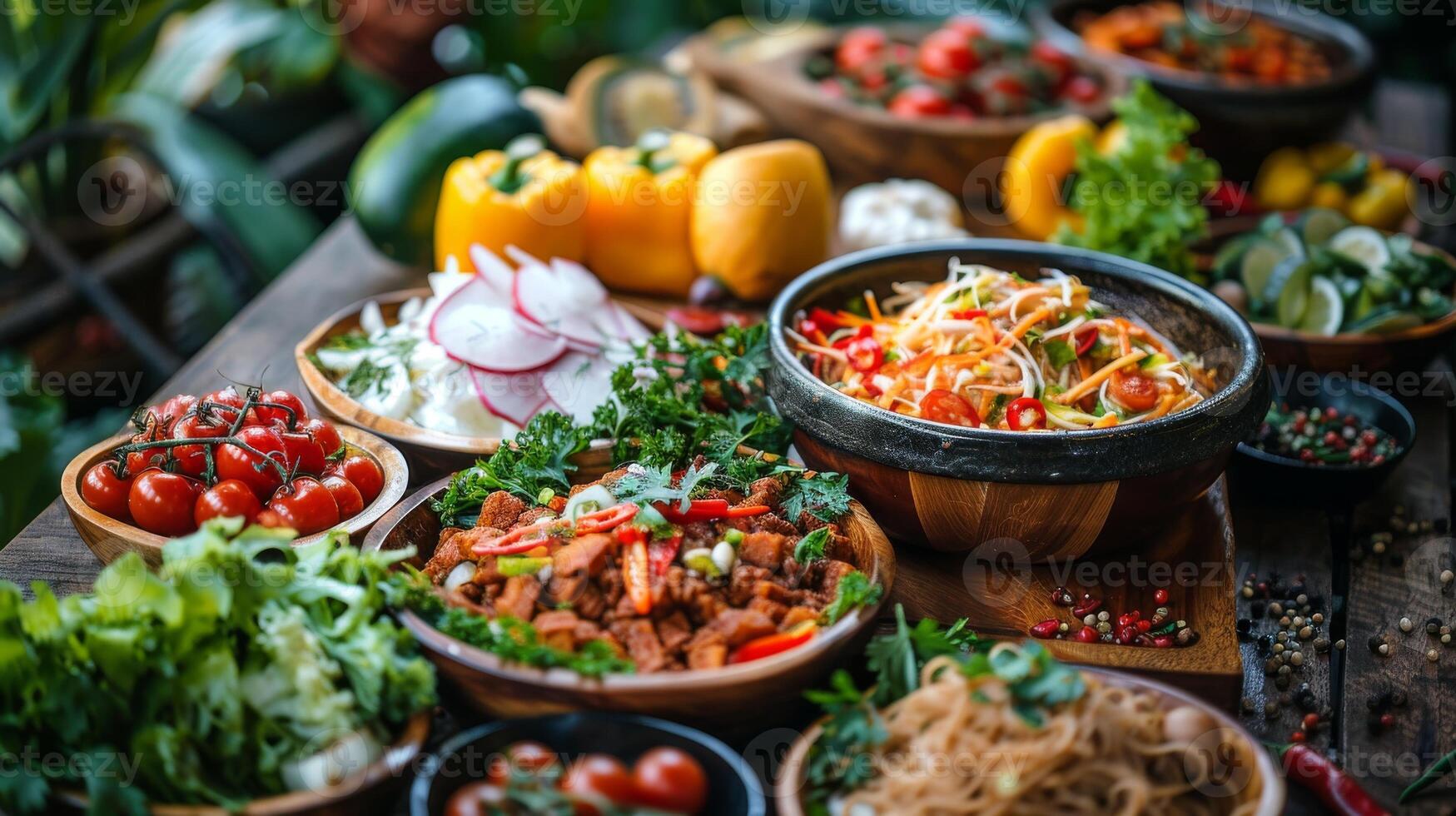 AI generated Spicy salad in wooden bowl with fresh vegetables on table photo