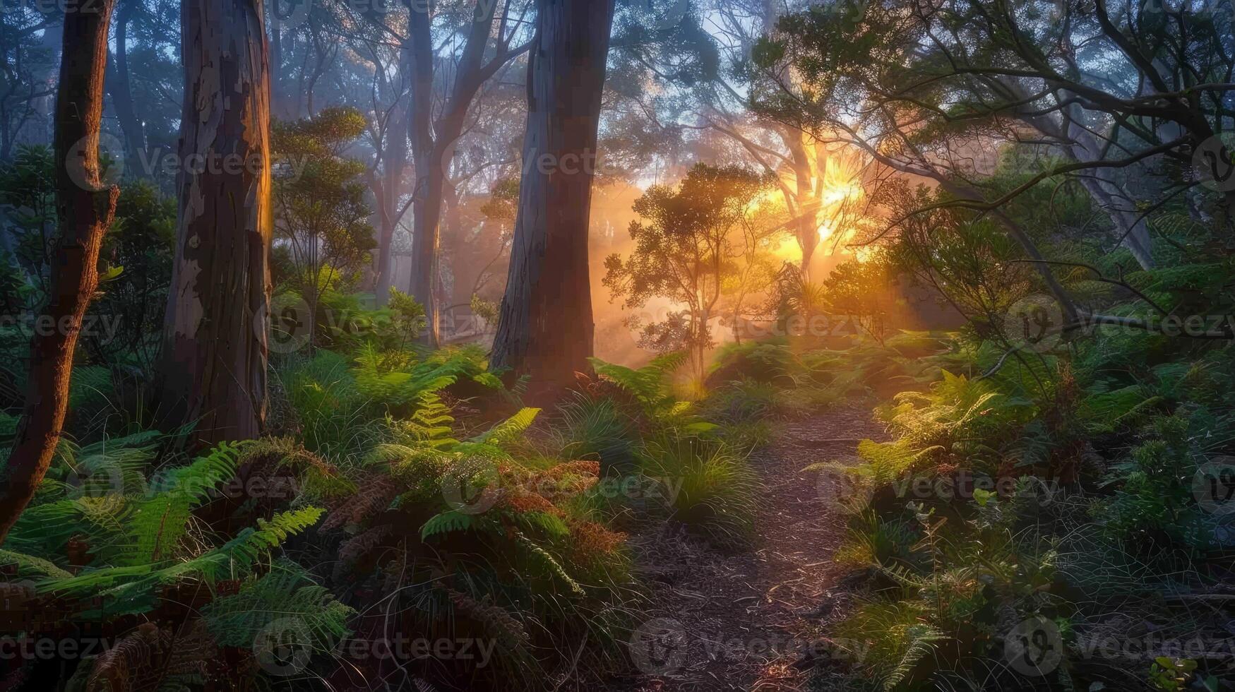 AI generated Sunrise in a misty forest with trees and ferns photo